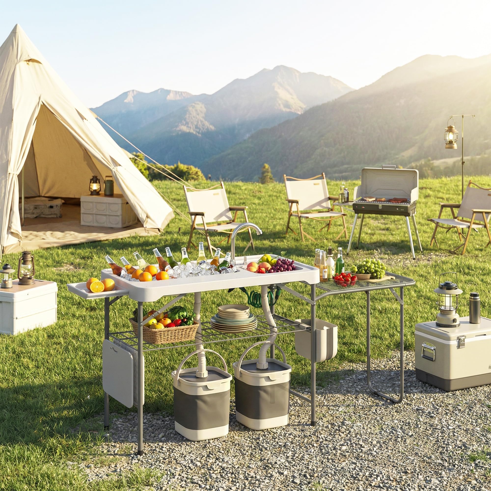 Outsunny Table de Nettoyage Portable pour Poisson, Table Pliante de Camping avec 2 éviers, Robinet, Tuyau, étagère latérale, Grille, tiroir, Panier, règle, rainures, Station de Nettoyage pour la