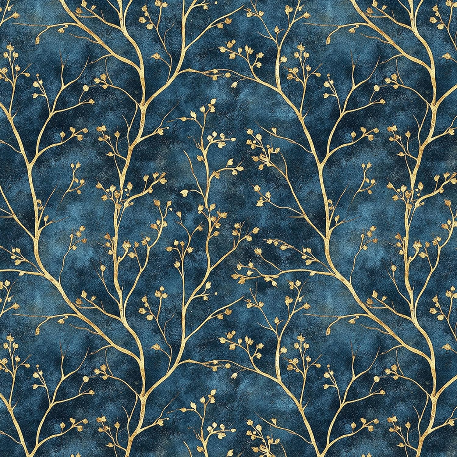 17.5x393 Vintage Peel Stick Wallpaper Dark Blue with Gold Accent Wall Wallpaper for Living Room Bedroom Kitchen Botanical Floral Royal Blue and Gold Pattern Contact Paper Self Adhesive Roll