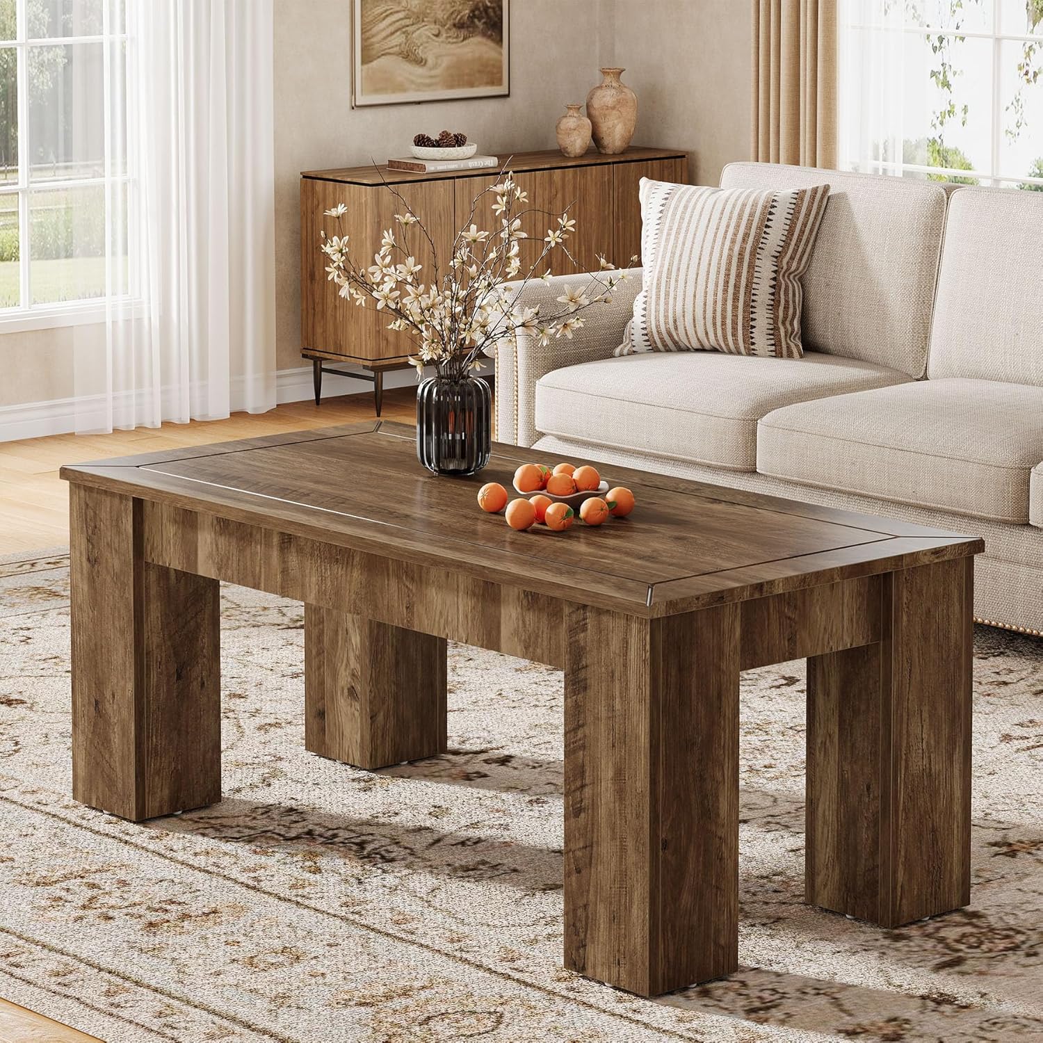 Tribesigns Rectangle Coffee Table for Living Room, 47-Inch Farmhouse Center Cocktail Table with Sturdy Legs, Rustic Brown