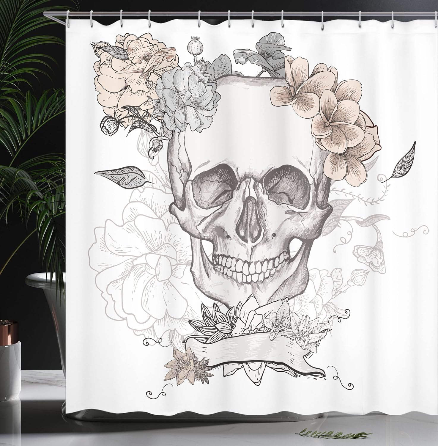 Ambesonne Grunge Shower Curtain, Skull and Flowers Day of The Dead Mexican Traditional Celebration Symbolic Art, Cloth Fabric Bathroom Decor Set with Hooks, 69" W x 75" L, Grey