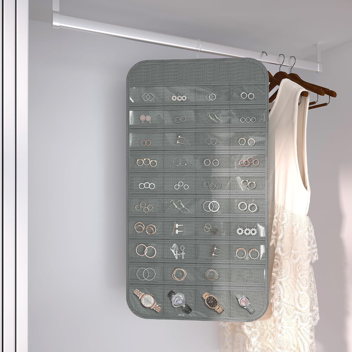 Double-Sided Hanging Jewelry Organizer, 1-Pack, Grey image 4