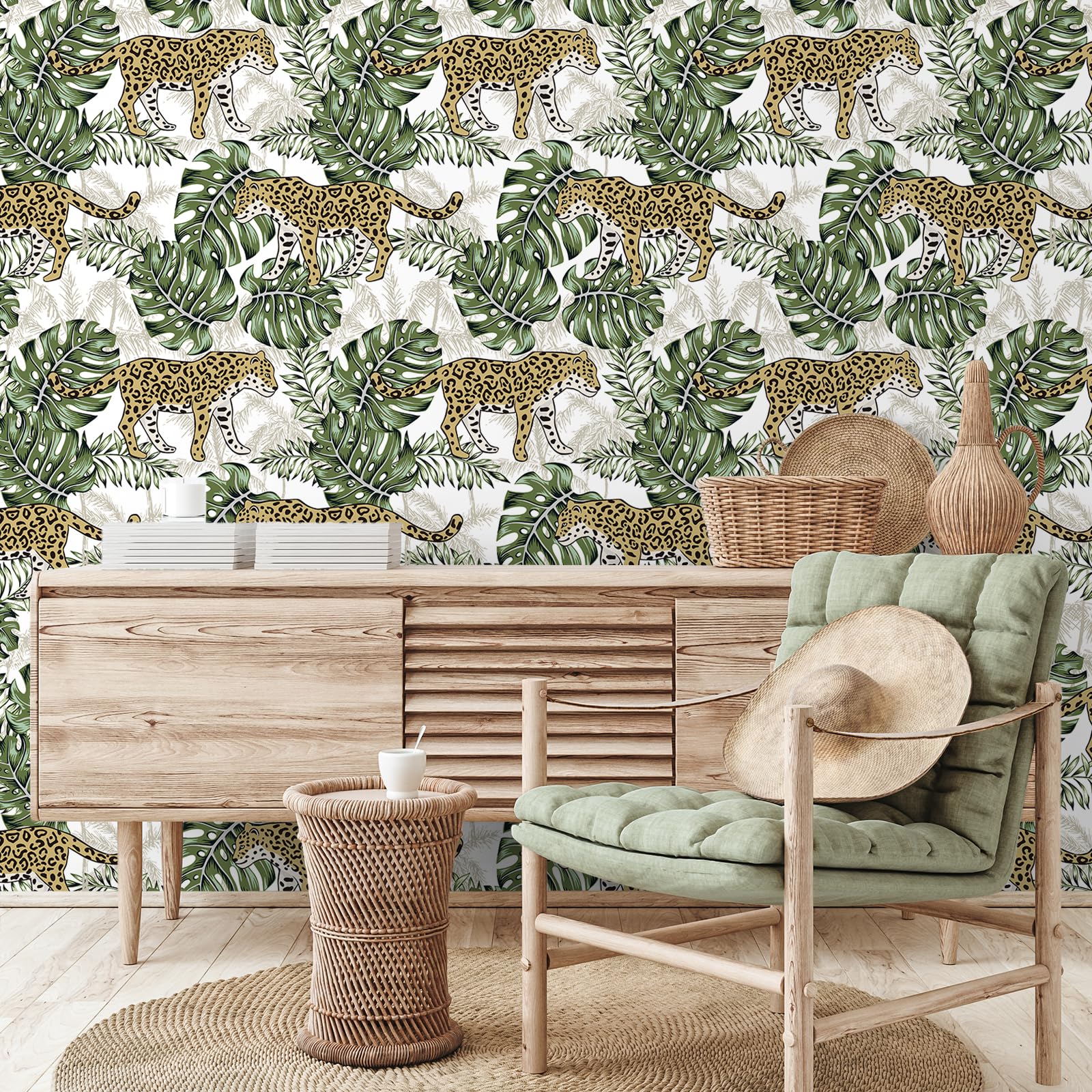 VEELIKE Exotic Tropical Wallpaper Jungle Cheetah Wallpaper Peel and Stick White Leopard Wall Paper for Bedroom Bathroom 44.5cmx300cm Monstera Leaf Contact Paper Removable Renter Friendly - Image 2