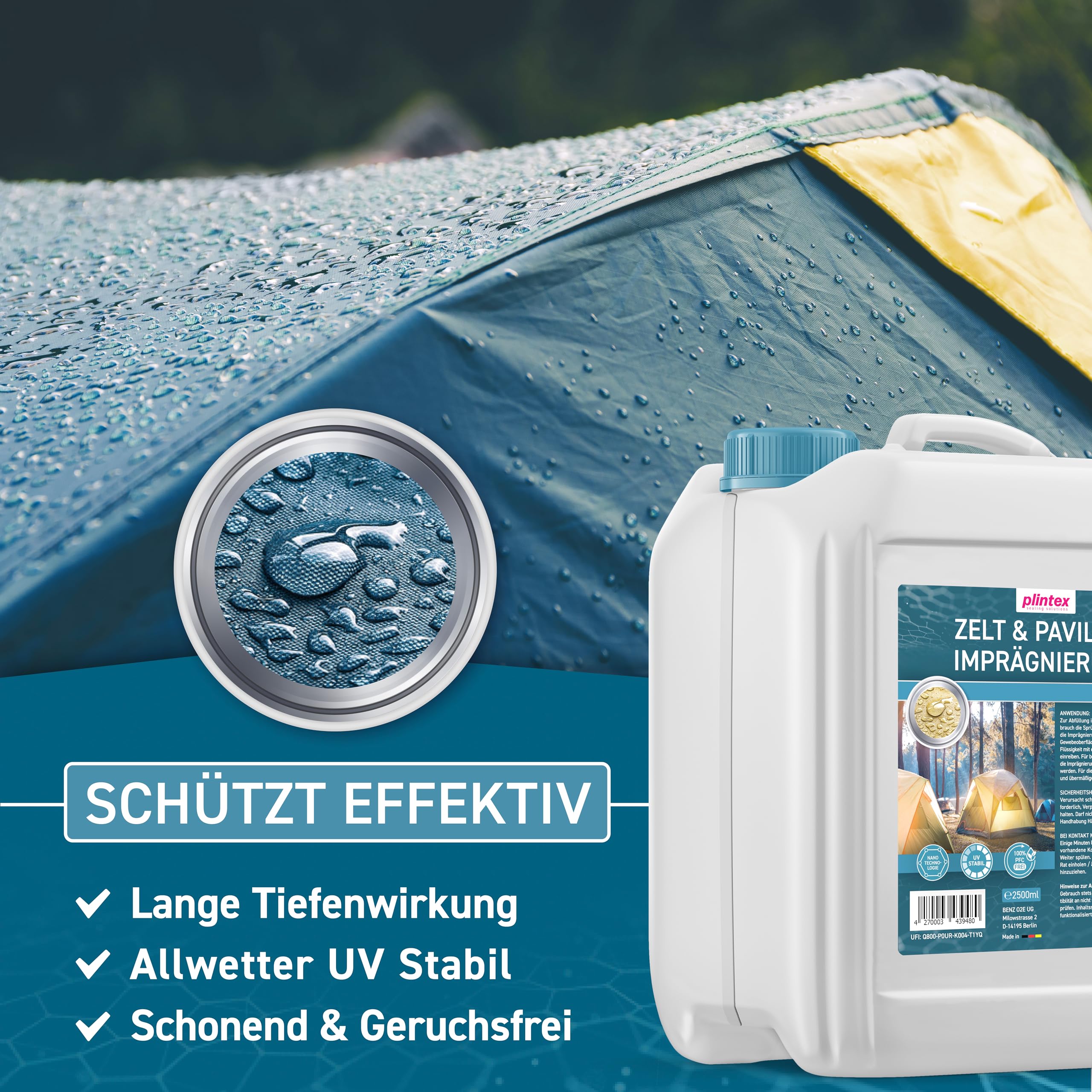 PLINTEX 2.5 L Tent & Gazebo Waterproofing Spray for Tents, Awnings, Parasol or Gazebos, Effective Surface and Seam Proof for Tents, Dermatologically 