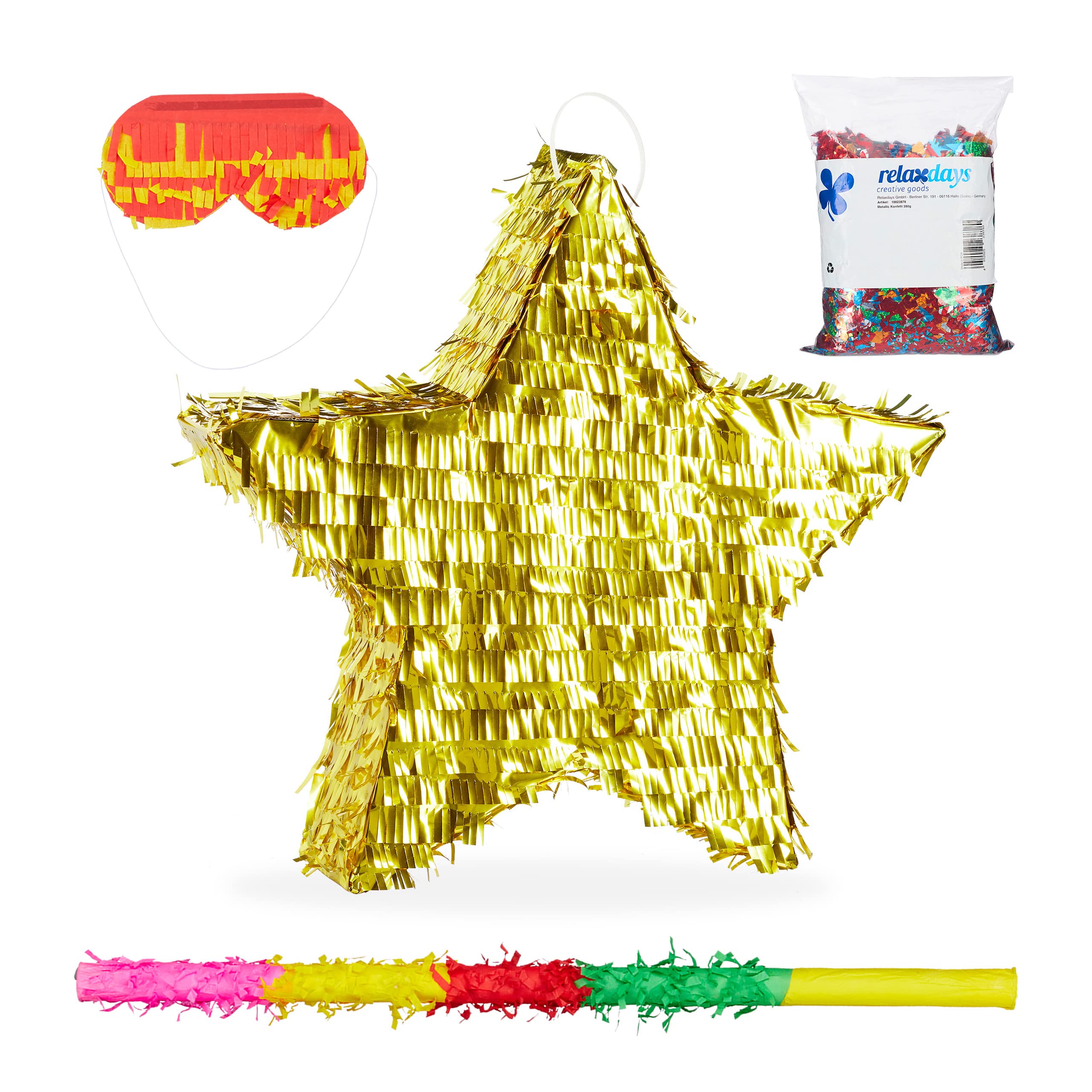 Relaxdays 4-częściowy zestaw Pinata gwiazda, worek konfetti XXL, pałeczka pinata z maską na oczy, złoto piñata, kij i opaska na oczy, papier, kolorowy