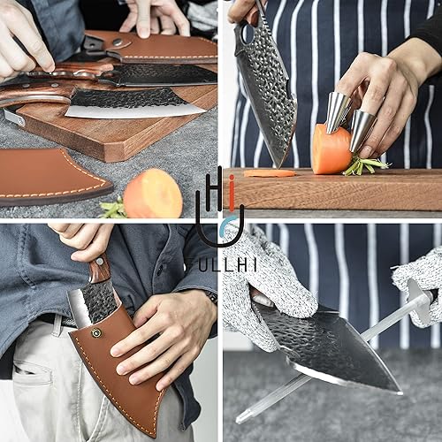 Miniatura 7 de FULLHI Juego de cuchillos de carnicero con tijeras de cocina, cuchillo de chef forjado a mano con tijeras de acero de alto carbono para tallar