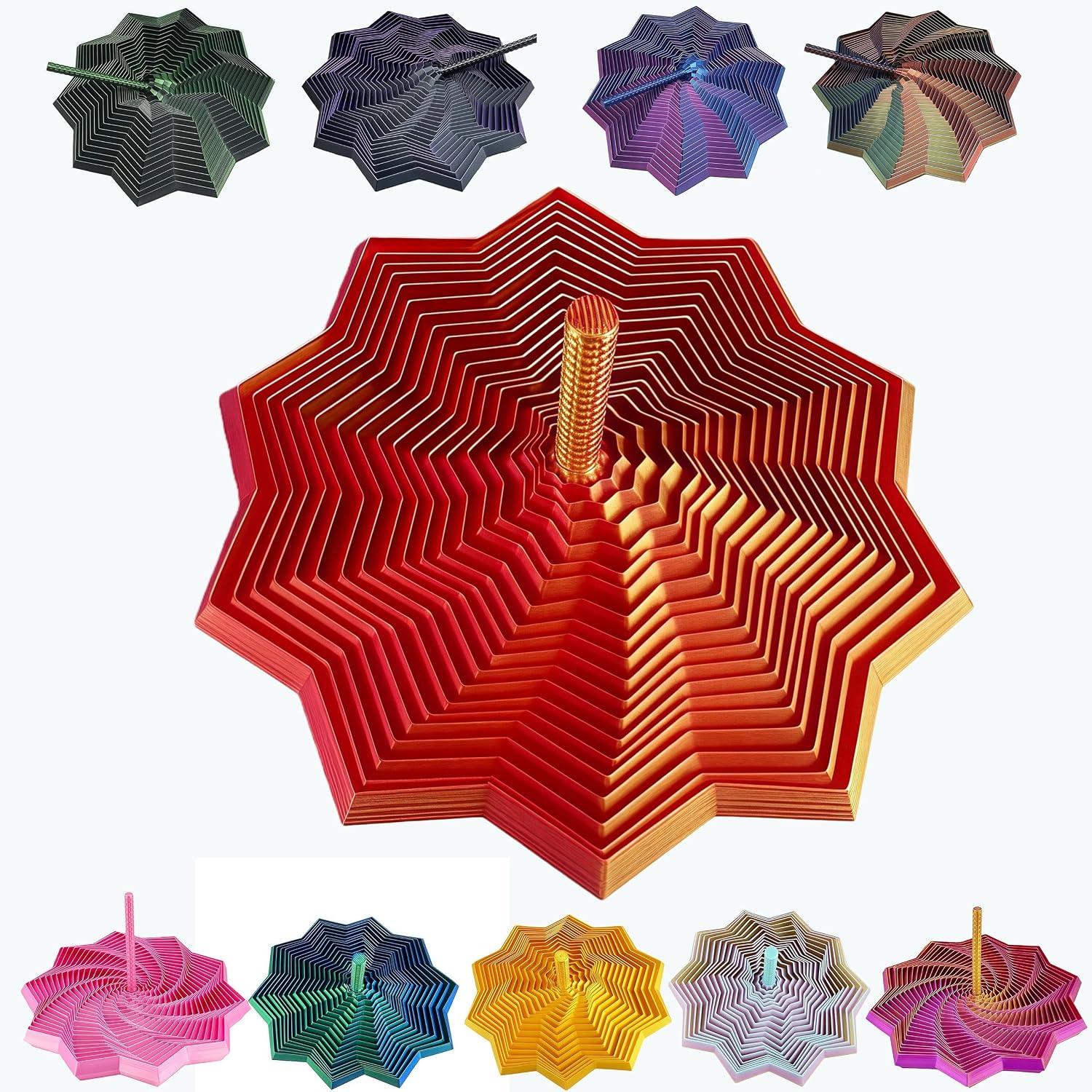 3D Printed Expanded Sensory Fidget Star - 2025 Sensory Fidget Star with Handle, Multi-Colored Whirling Spiral 3D Fidget Toy, Multiple Ways to Play for Adult Relieving Stress (Laser Red,3.15in)