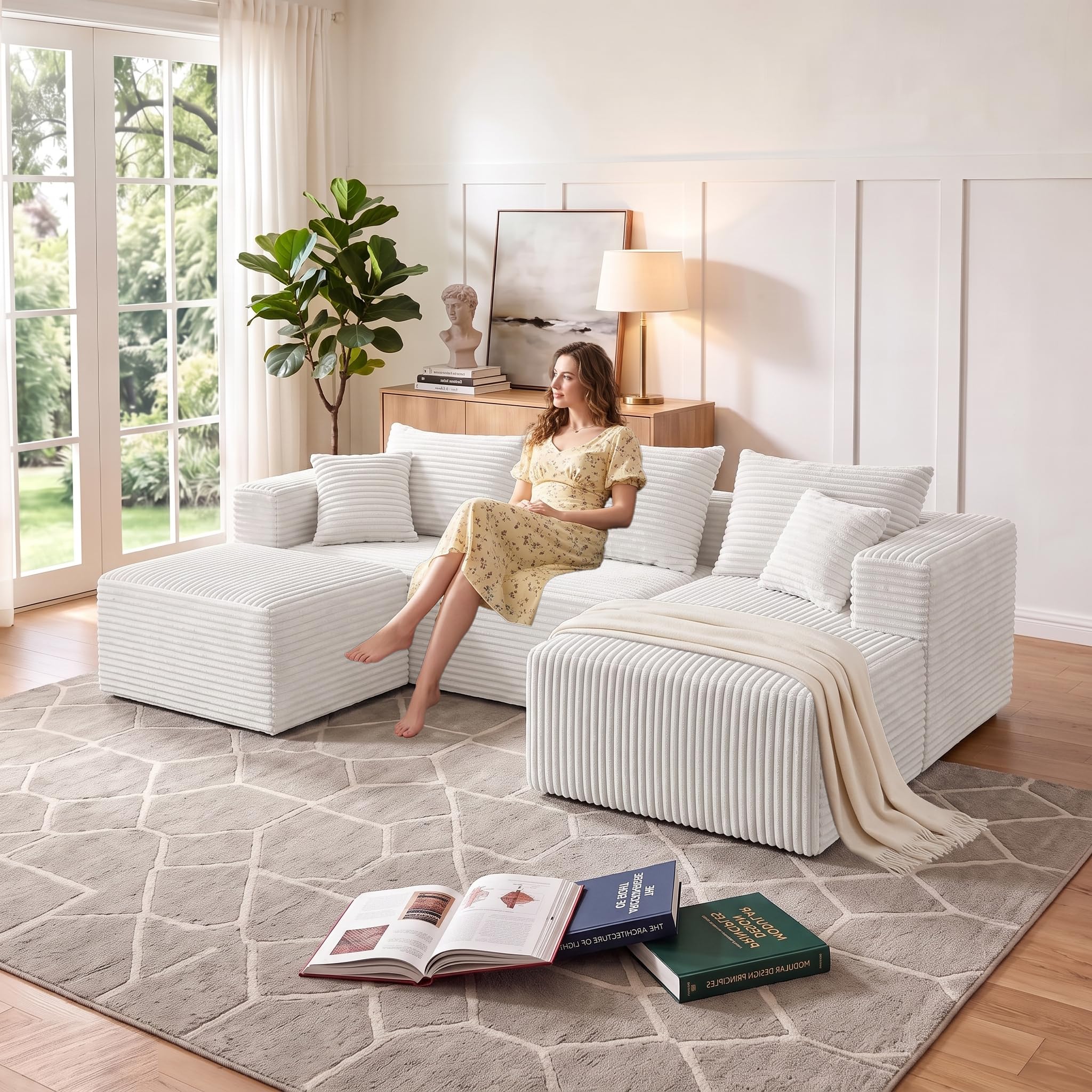 93" U-Shaped Boneless Couch, Corduroy Cloud Couch Sectional with Chaise and Ottoman, Deep Seat Modular Sectional Sofas for Living Room, No Assembly - Beige (Right Facing Chaise)