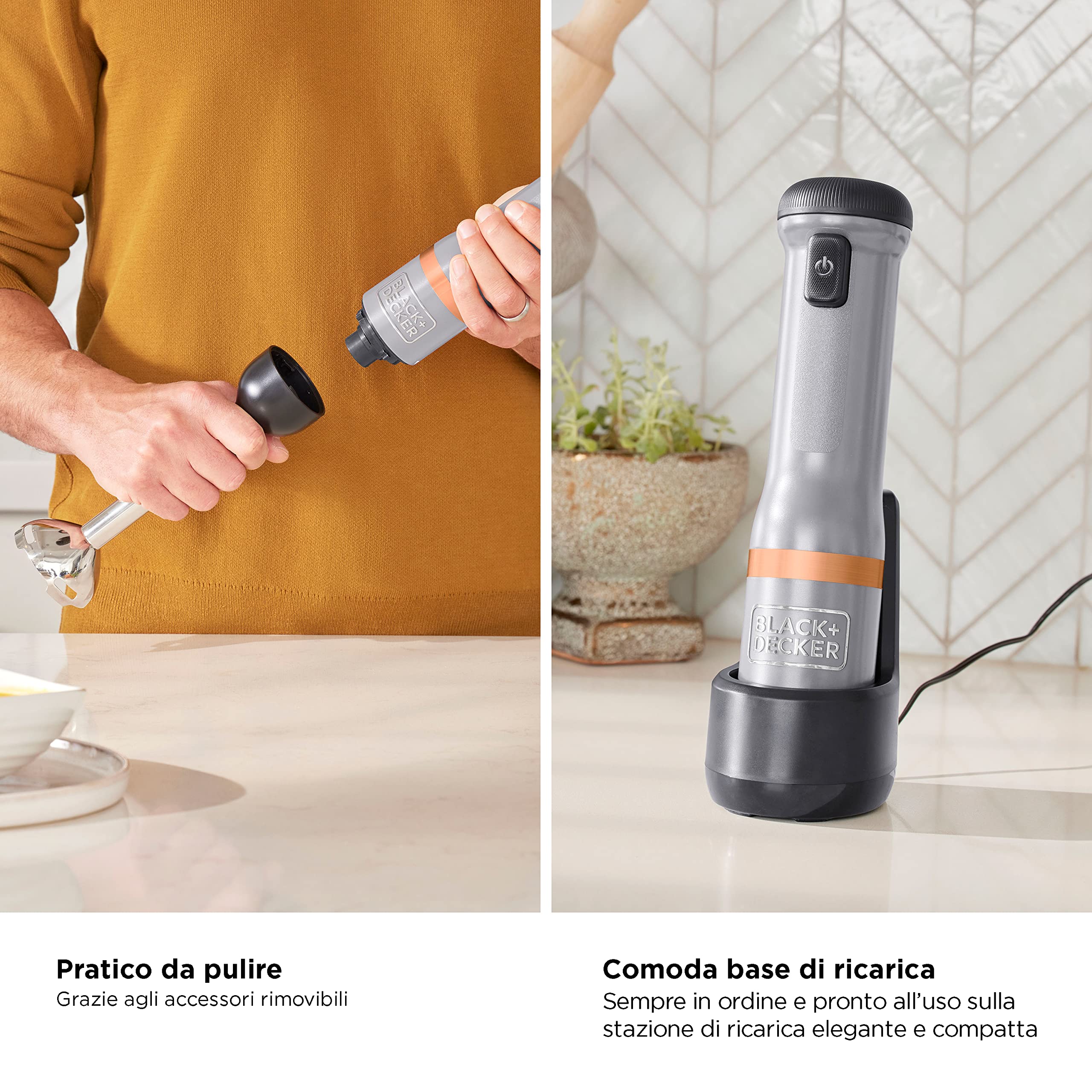 BLACK+DECKER, Kitchen Wand Frullatore a immersione Cordless Senza Filo Multifunzione con Asta Frullatore a 4 punte- Accessori Extra acquistabili separatamente. BCKM1011KGF-QW