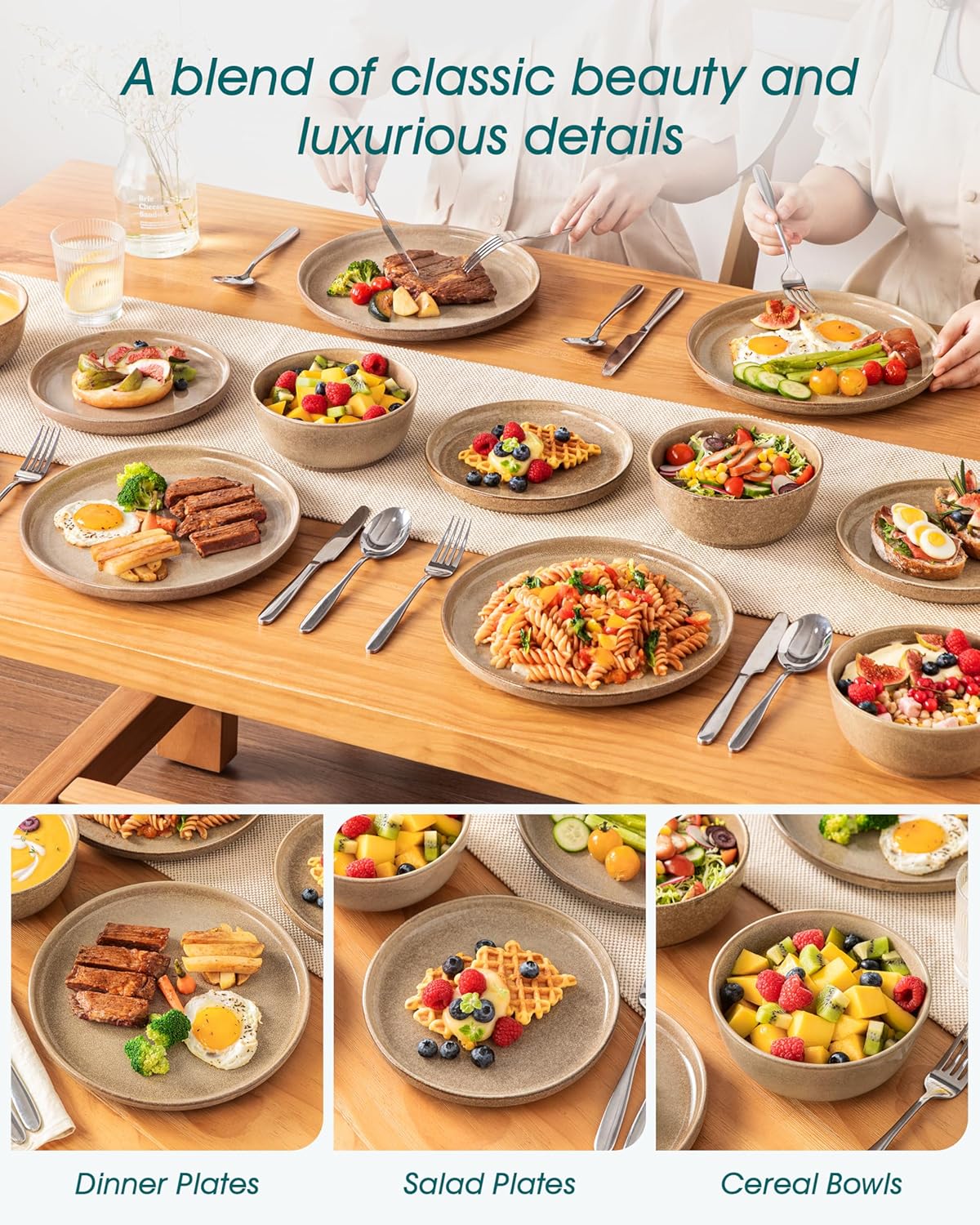 vancasso ANYA 24 Pieces Plates and Bowls Set, Caramel Dinnerware Sets, Reactive Glaze Dishes Set for 8, Ceramic Dishware Sets Kitchen Dinner Set, Microwave & Dishwasher Safe - Image 6