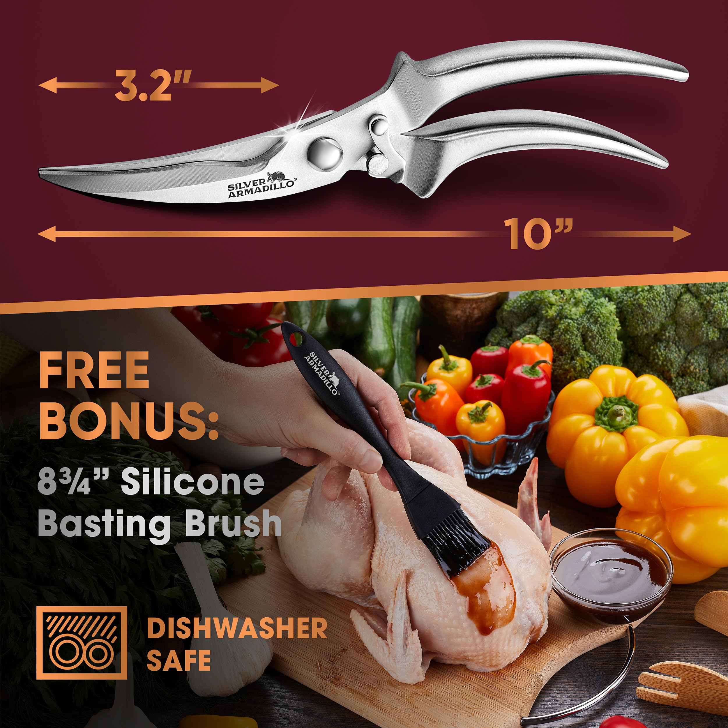 Heavy Duty Stainless Steel Poultry Scissors - Kitchen Shears For Cutting Chicken, Meat, Bones, Fish (Brown Wood Handles)