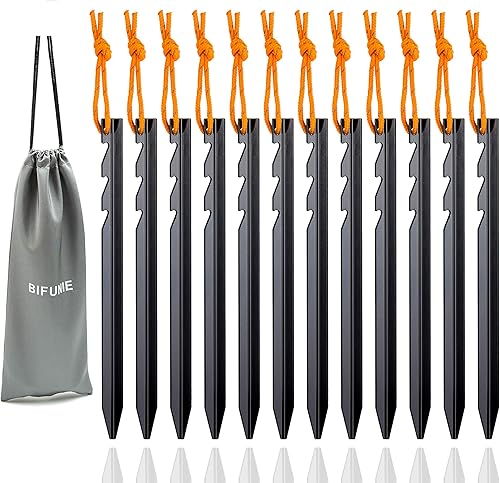 BIFUNIE Estacas de aluminio para tienda de campaña paquete de 12 pinzas de tierra de aluminio con cuerdas reflectantes estacas de metal de triple BIFUNIE Estacas de aluminio para tienda de campaña paquete de 12 pinzas de tierra de aluminio con cuerdas reflectantes estacas de metal de triple