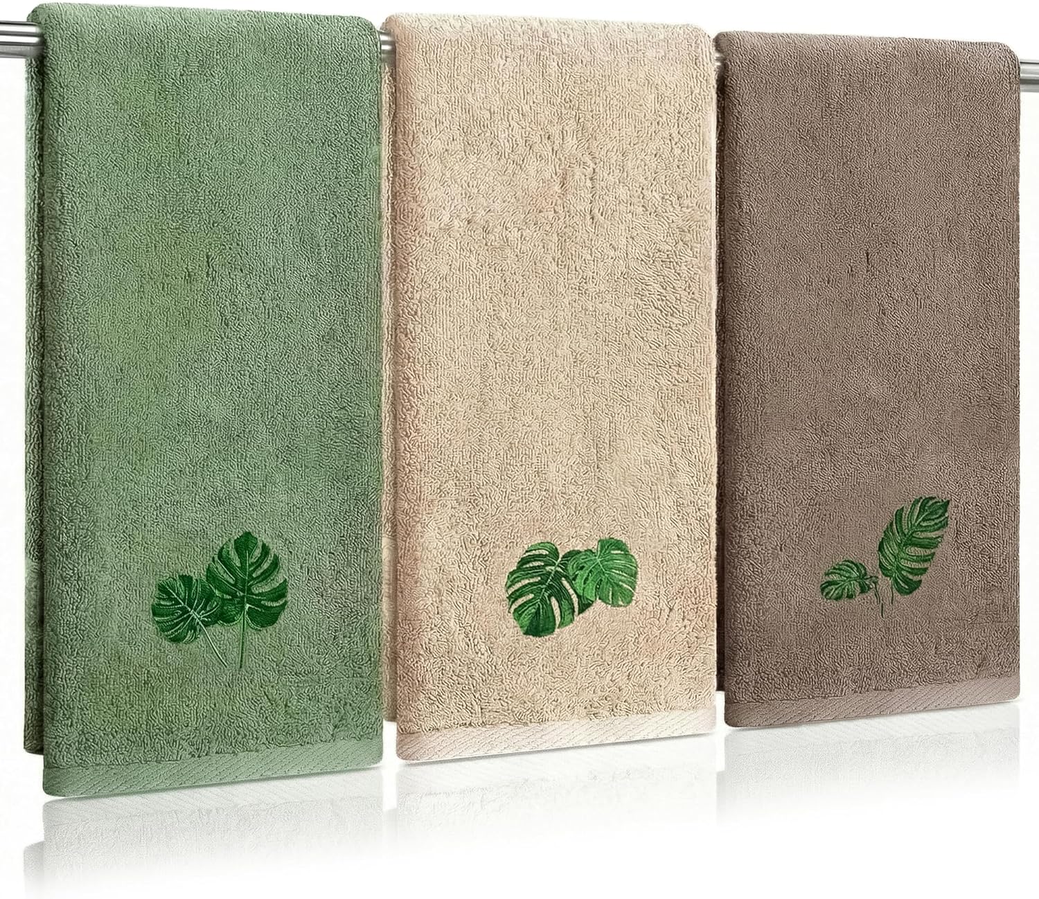 3 Pcs Tropical Palm Leaves Hand Towels for Bathroom Green Tropical Bathroom Decor Summer Monstera Embroidered 14x29 Inch Cotton Decorative Bath Hand Towels Soft Absorbent Kitchen Towel Home Gifts