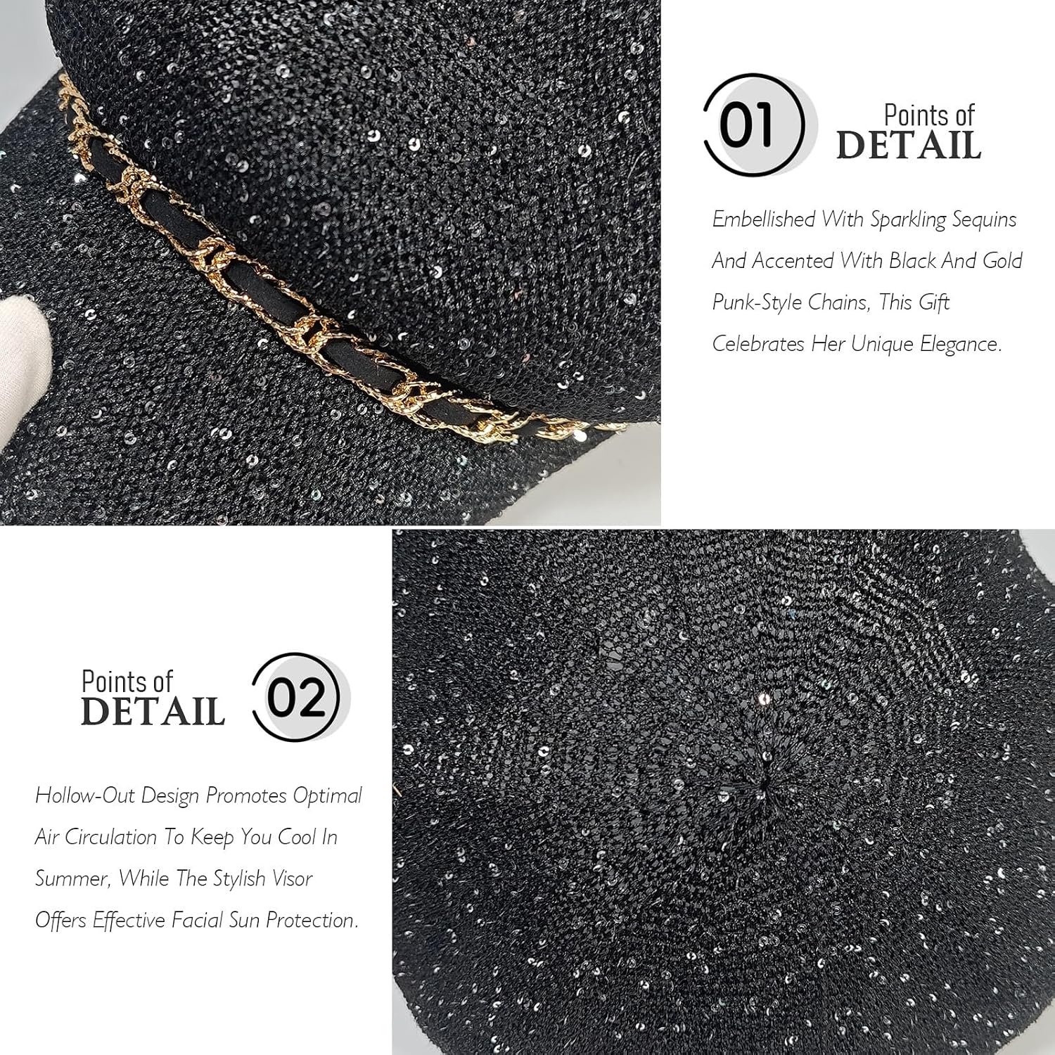 Women’s Octagonal Cap, French Sequins Hollow Out Beret Hat Adjustable Summer Sun Visor Painter Artist Cap