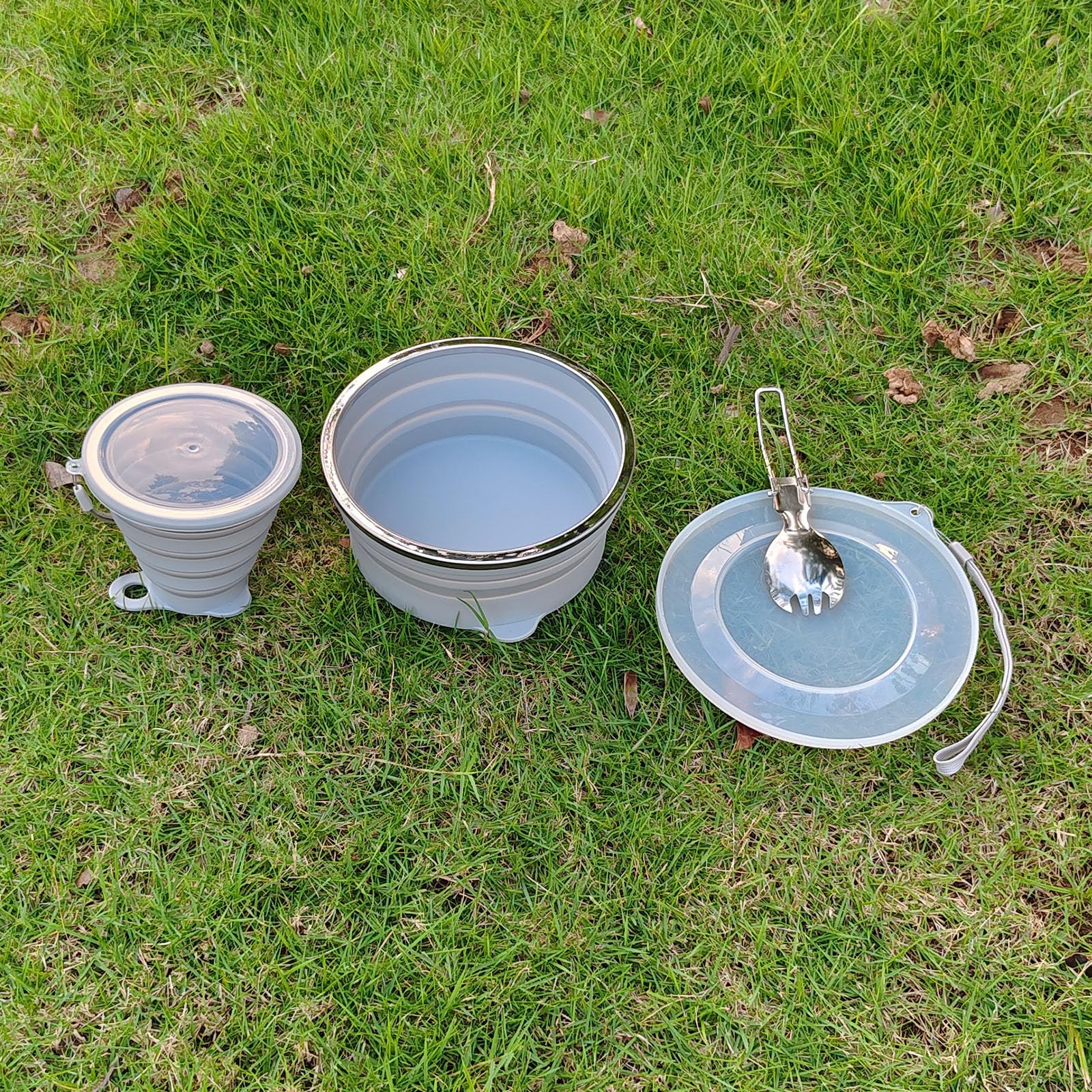 Juego de 2 cuencos plegables de silicona para camping, taza plegable y cuchara de acero inoxidable para mochileros, senderismo, viajes y picnic