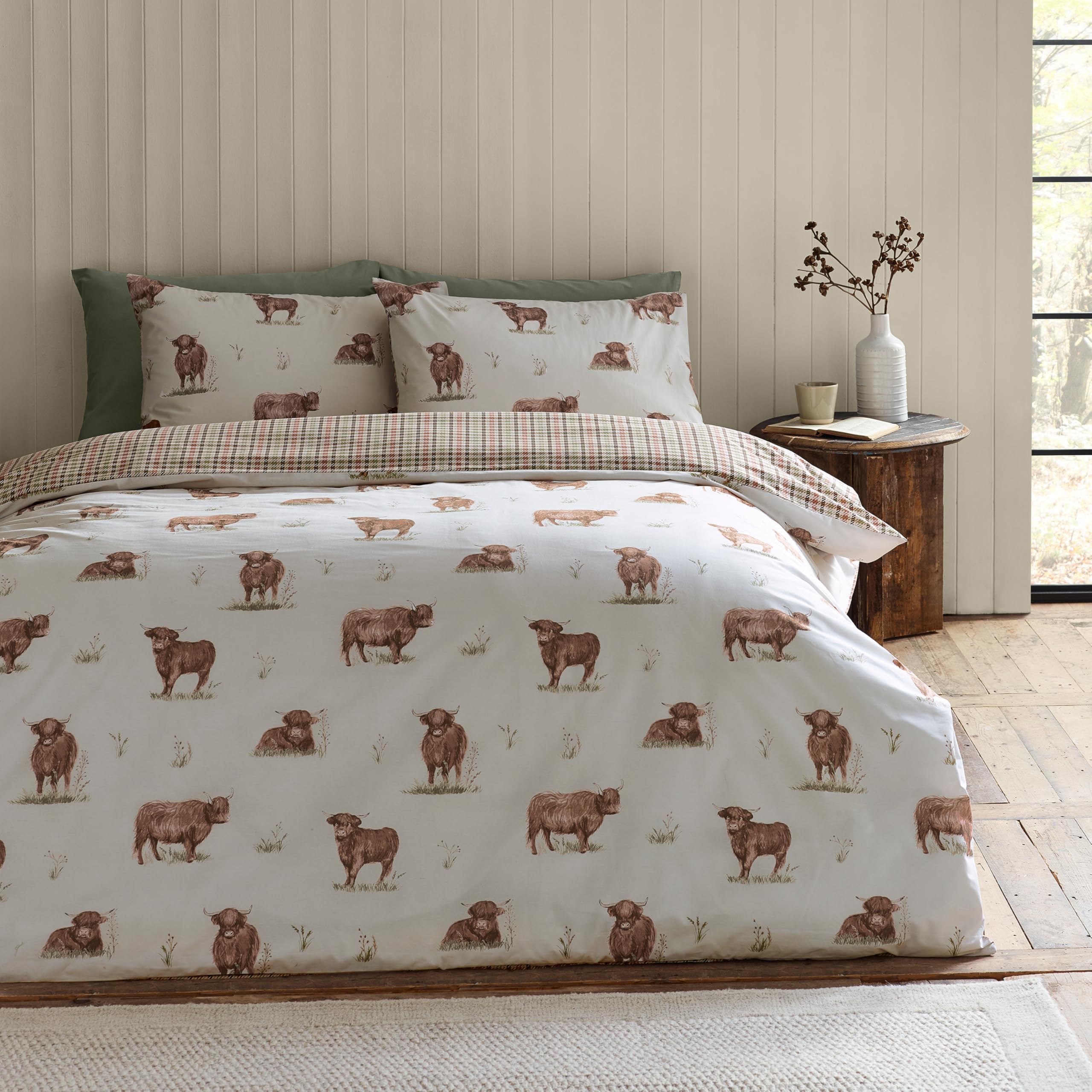 Catherine LansfieldAngus Highland Cow Reversible Double Duvet Cover Set with Pillowcases Natural