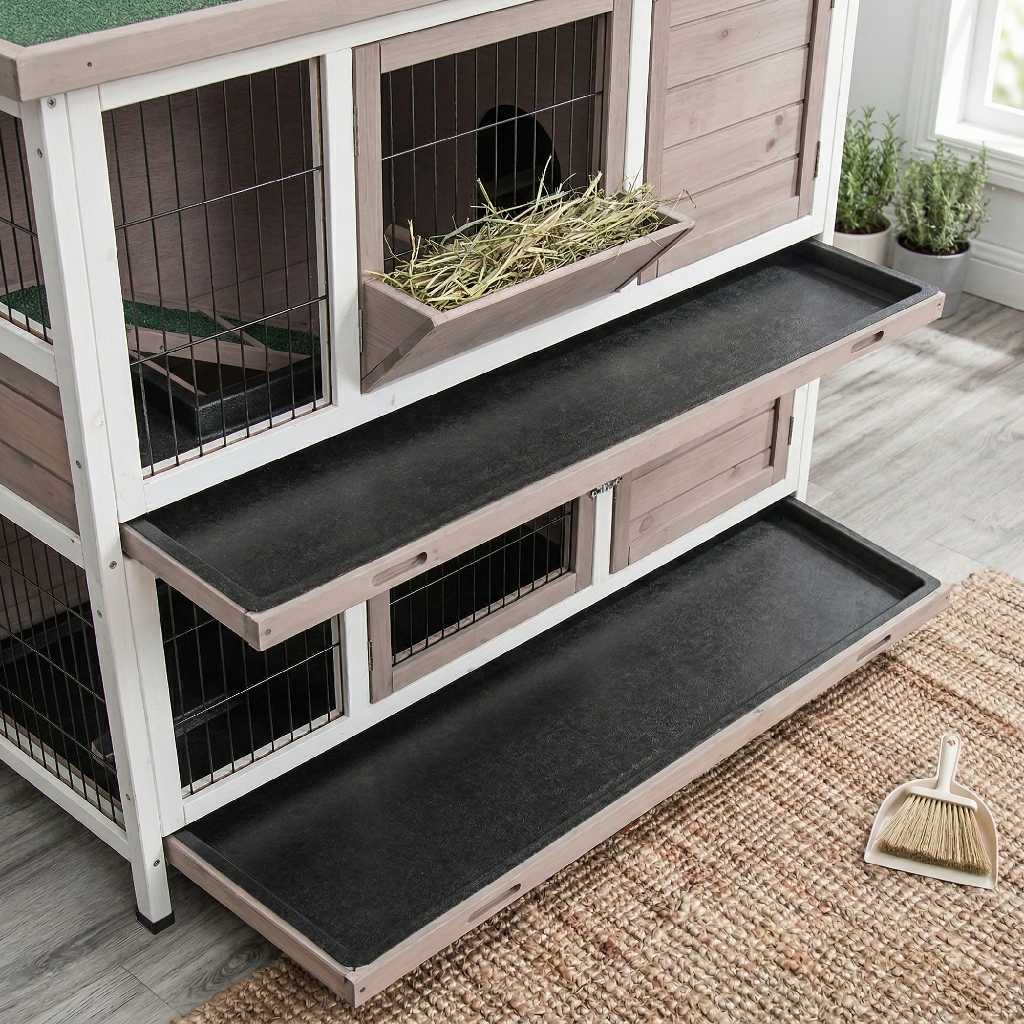 PawHut, Conigliera in Legno a 2 Livelli 122x50x101 cm Grigio Marrone | per Esterno e Interno, Gabbia per 1-2 Conigli, Tetto Apribile, Mangiatoia, Vassoi Removibili, Rampa, Porte con Chiusura