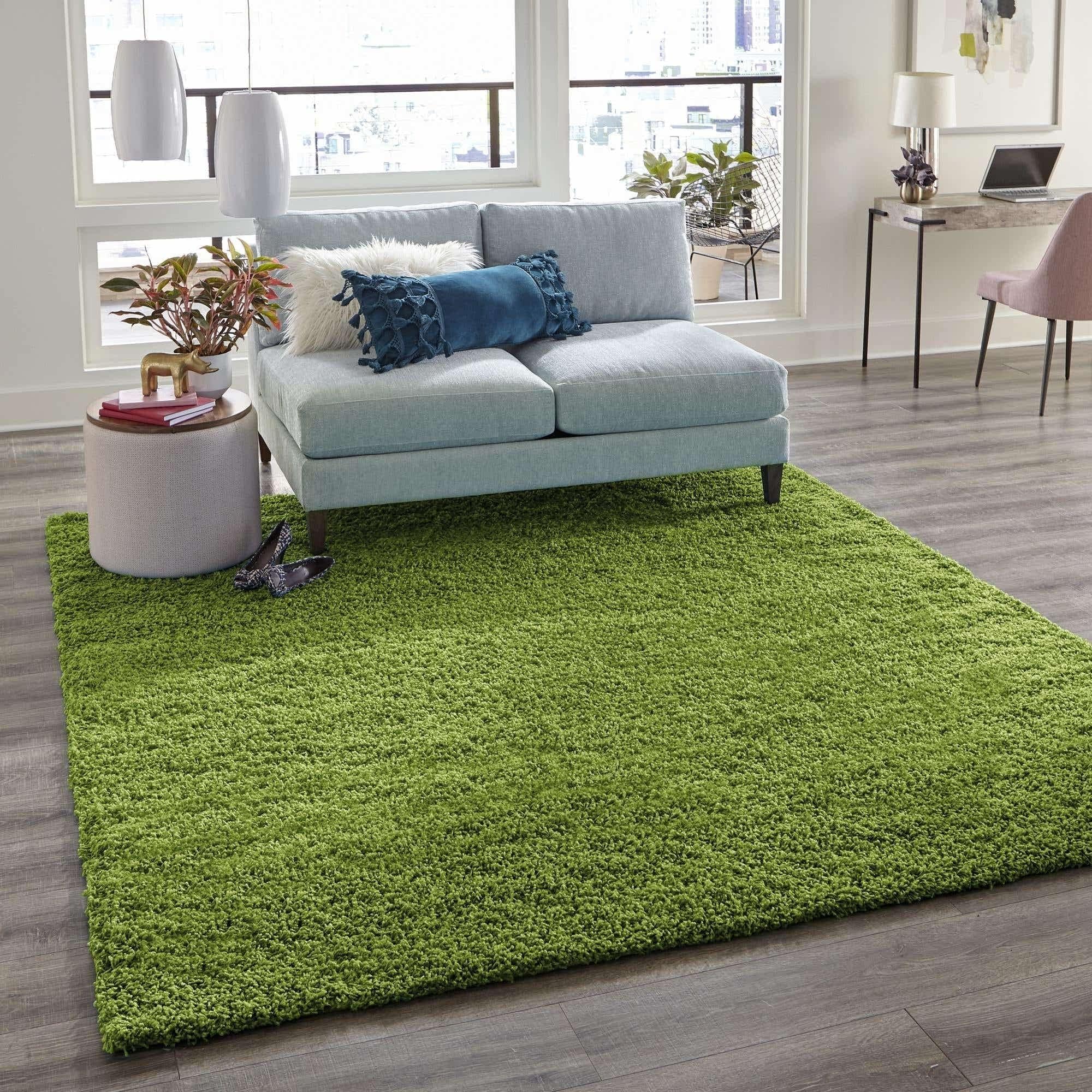 Handwoven Plain shag Collection Super Soft Polyester with Microfiber Silk Touch Carpet | Green | 6 x 6 Feet Square