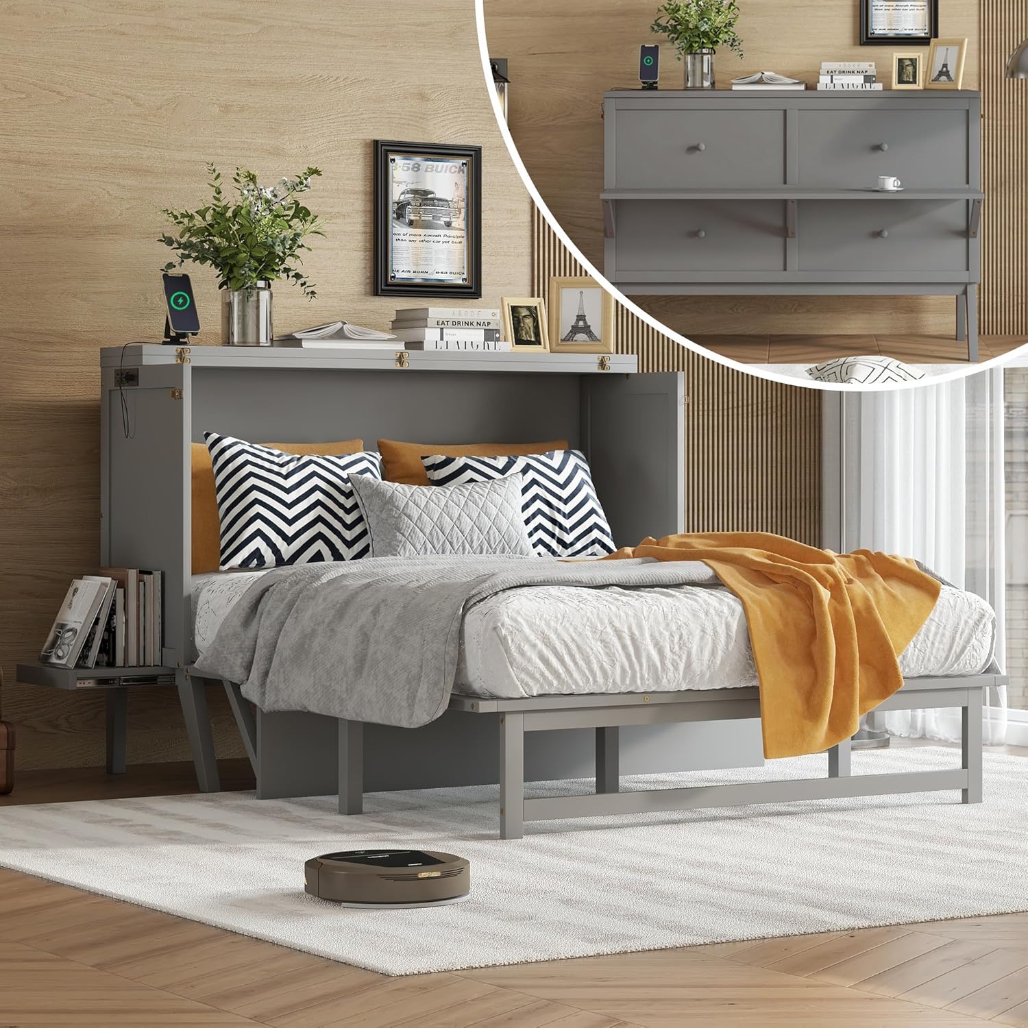 Mirightone Queen Murphy Bed with Charging Station and Removable Shelves, Solid Pine Wood Wall Chest Bed with Front Desk for Home Office Small Room Studio or Guest Bedroom, Grey