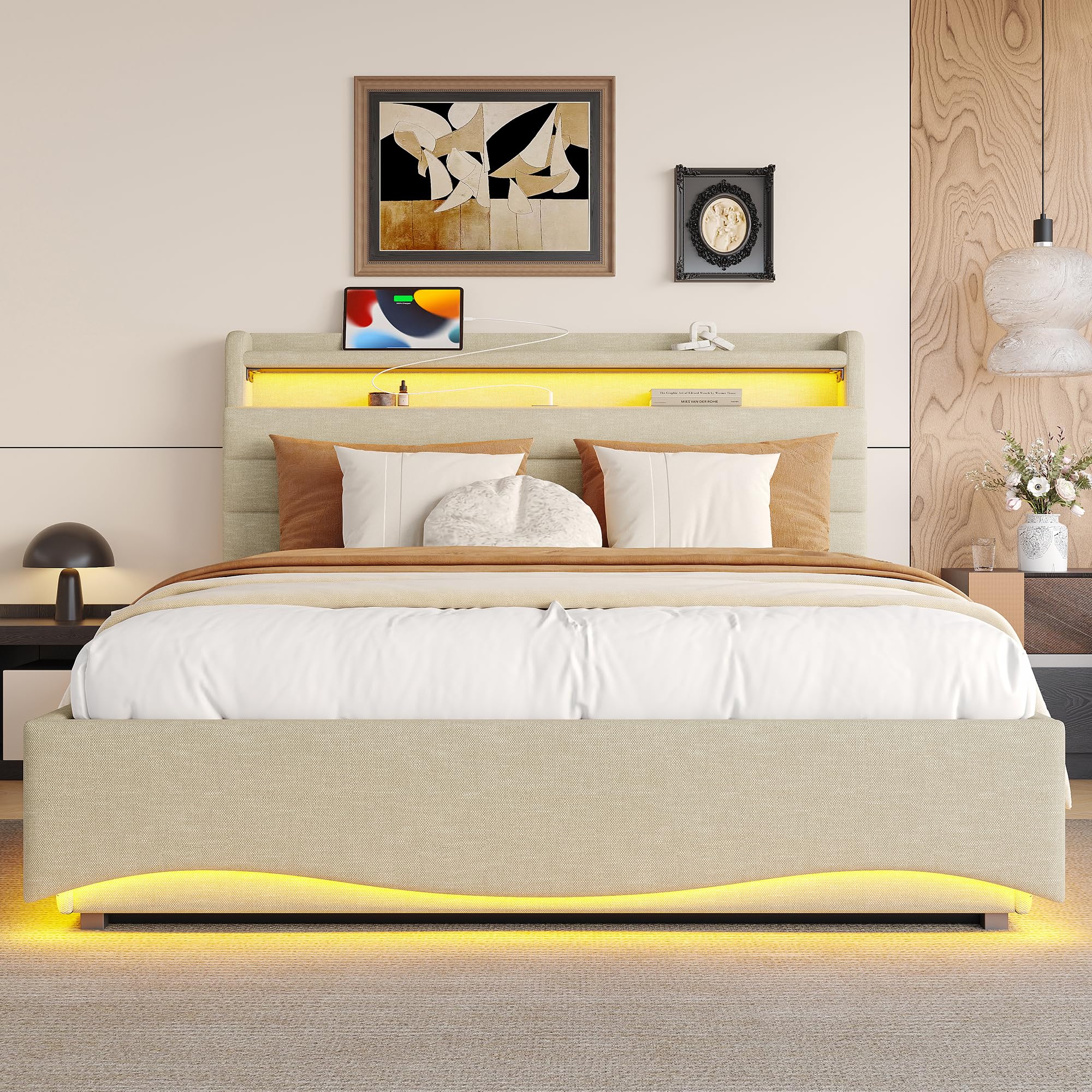 Dolamaní Polsterbett Doppelbett 140x200 cm, mit LED-Beleuchtung, Hydraulikmechanismus, USB- und Typ-C-Anschlüssen, Polster Kopfteil mit Ablageflächen, Leinenstoff, Ohne Matratze (Beige)