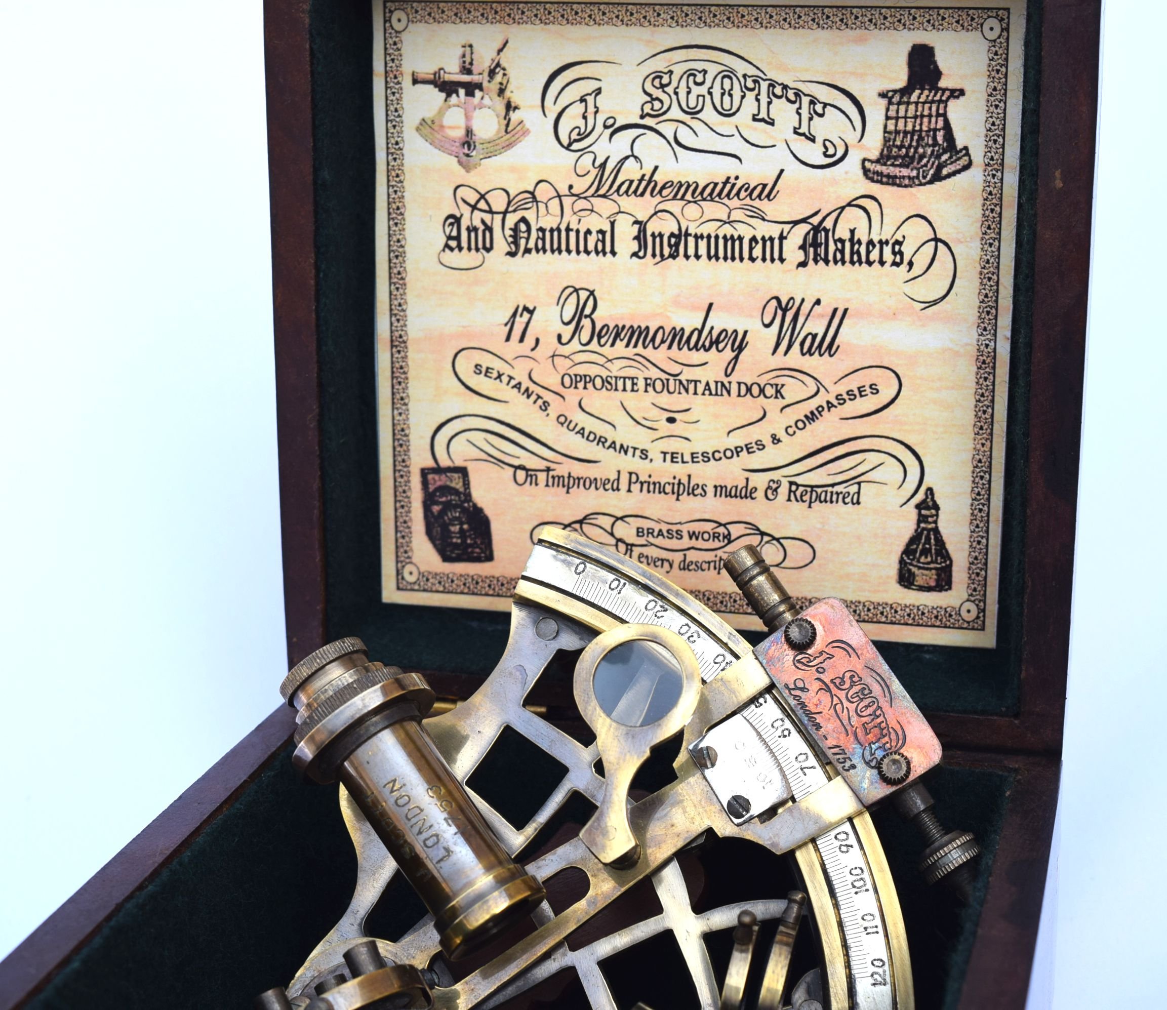 J. Scott London Brass Sextant with Box, Nautical Maritime Gift, Navigational Collectible