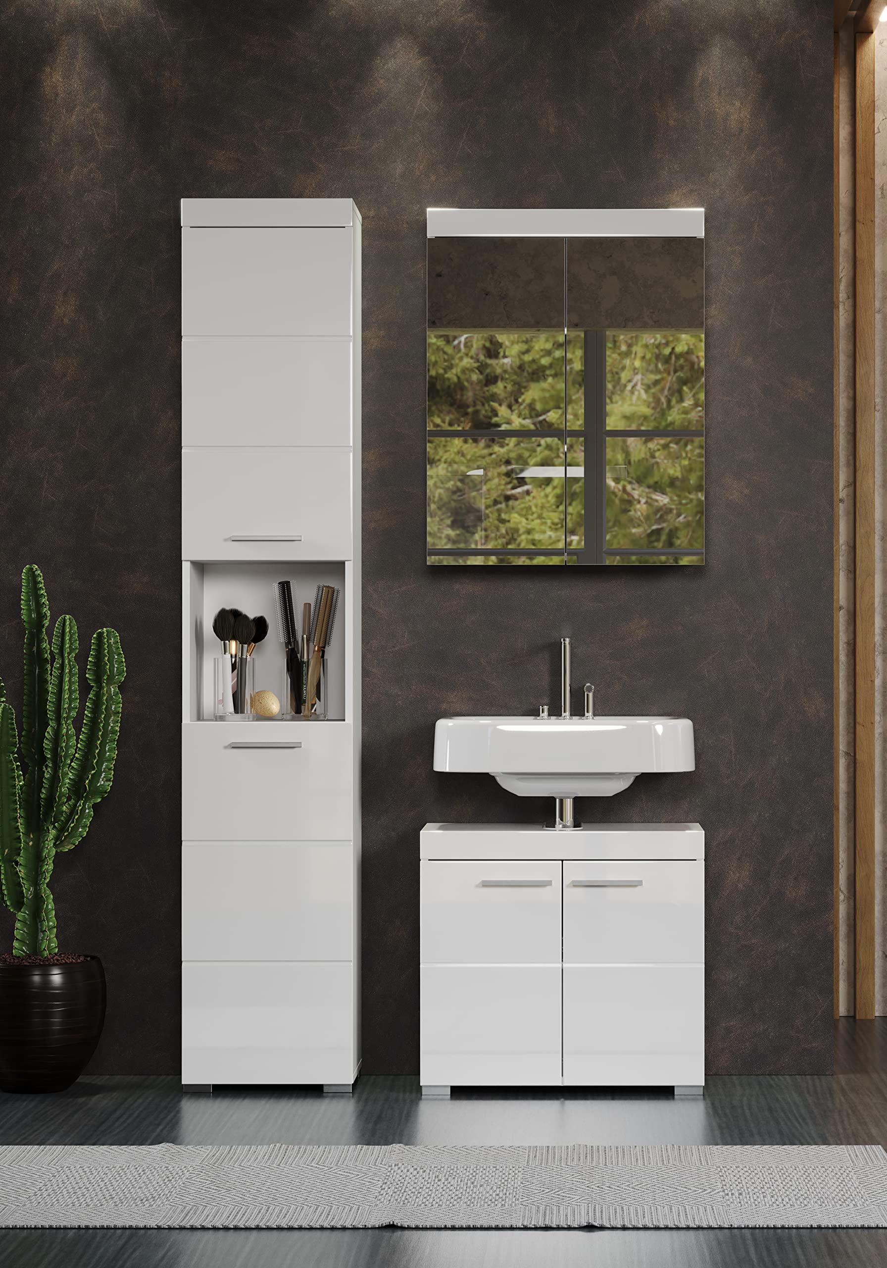 trendteam smart living Armario bajo de Lavabo para baño Amanda, 60 x 56 x 34 cm, en Blanco y Blanco de Brillo Intenso, con abundante Espacio de Almacenamiento