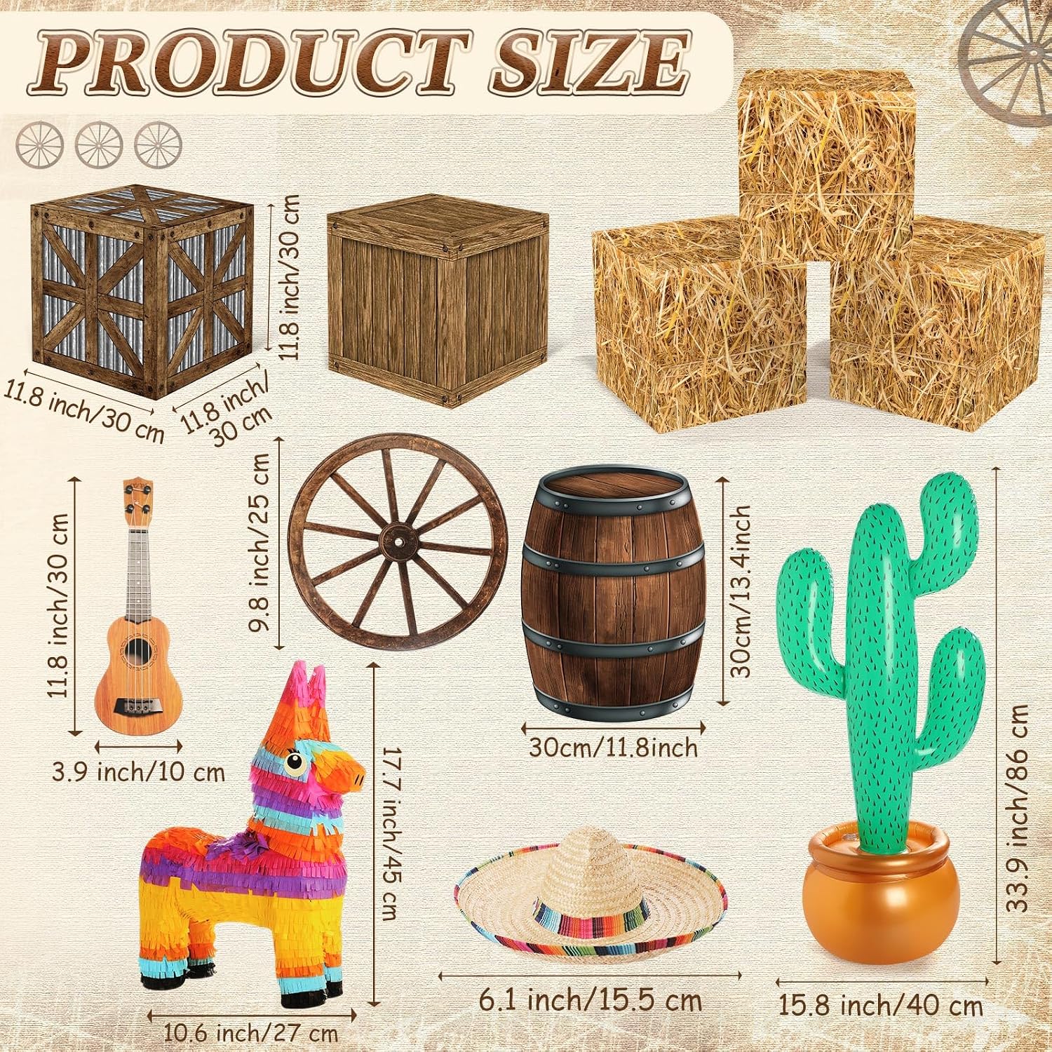 20 Pcs Mexican Cinco De Mayo Party Decorations Fiesta Banner Hay Bales Straw Boxes Inflatable Western Cowboy Rodeo Photo Booth Props Card Hat for Wild West Farm Birthday Party Favors