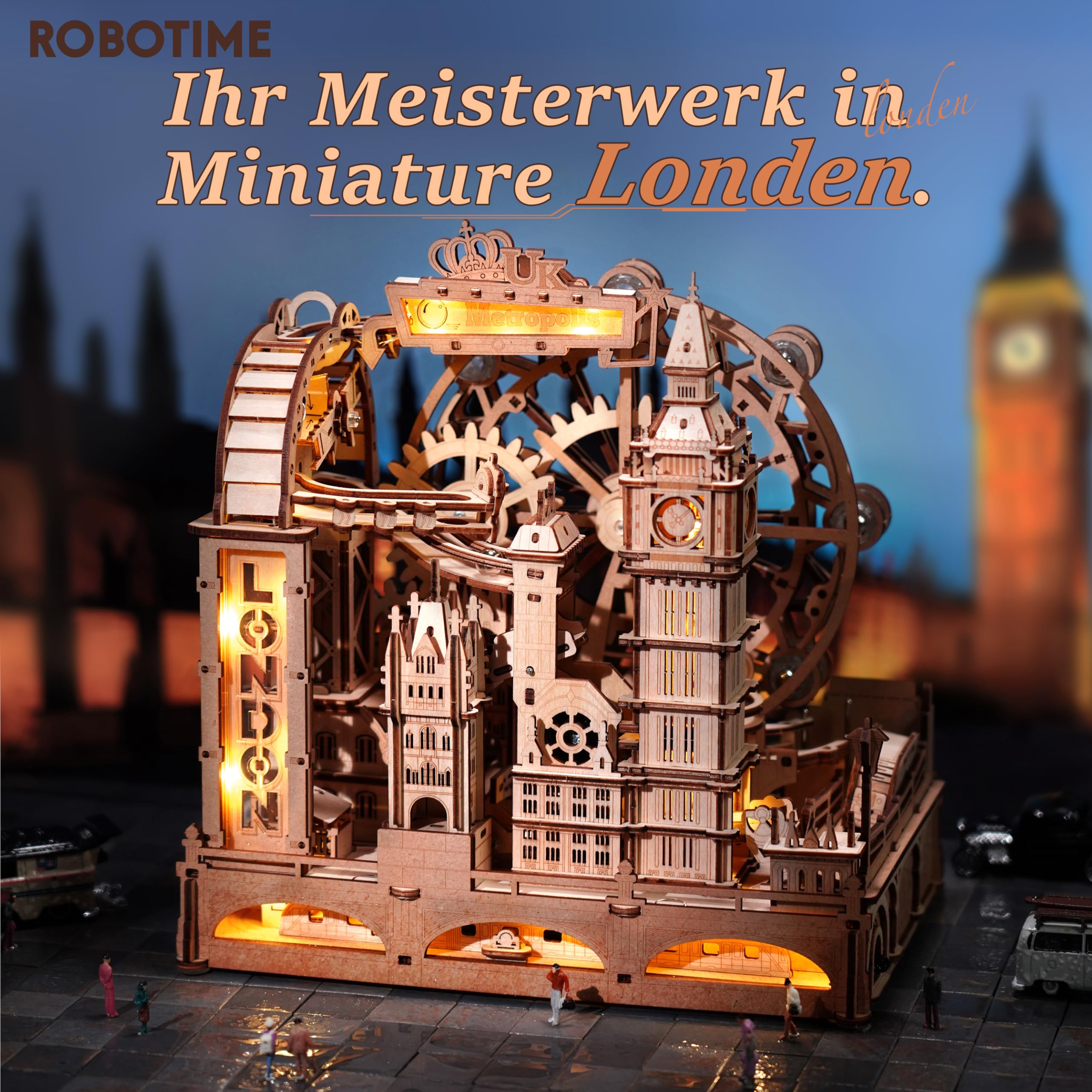 ROBOTIME EGB01 3D-Puzzle aus Holz mit Murmelbahn, Modellbausatz London mit Lichtern, mechanischer Bausatz für Erwachsene und Jugendliche, dekoratives und pädagogisches Geschenk
