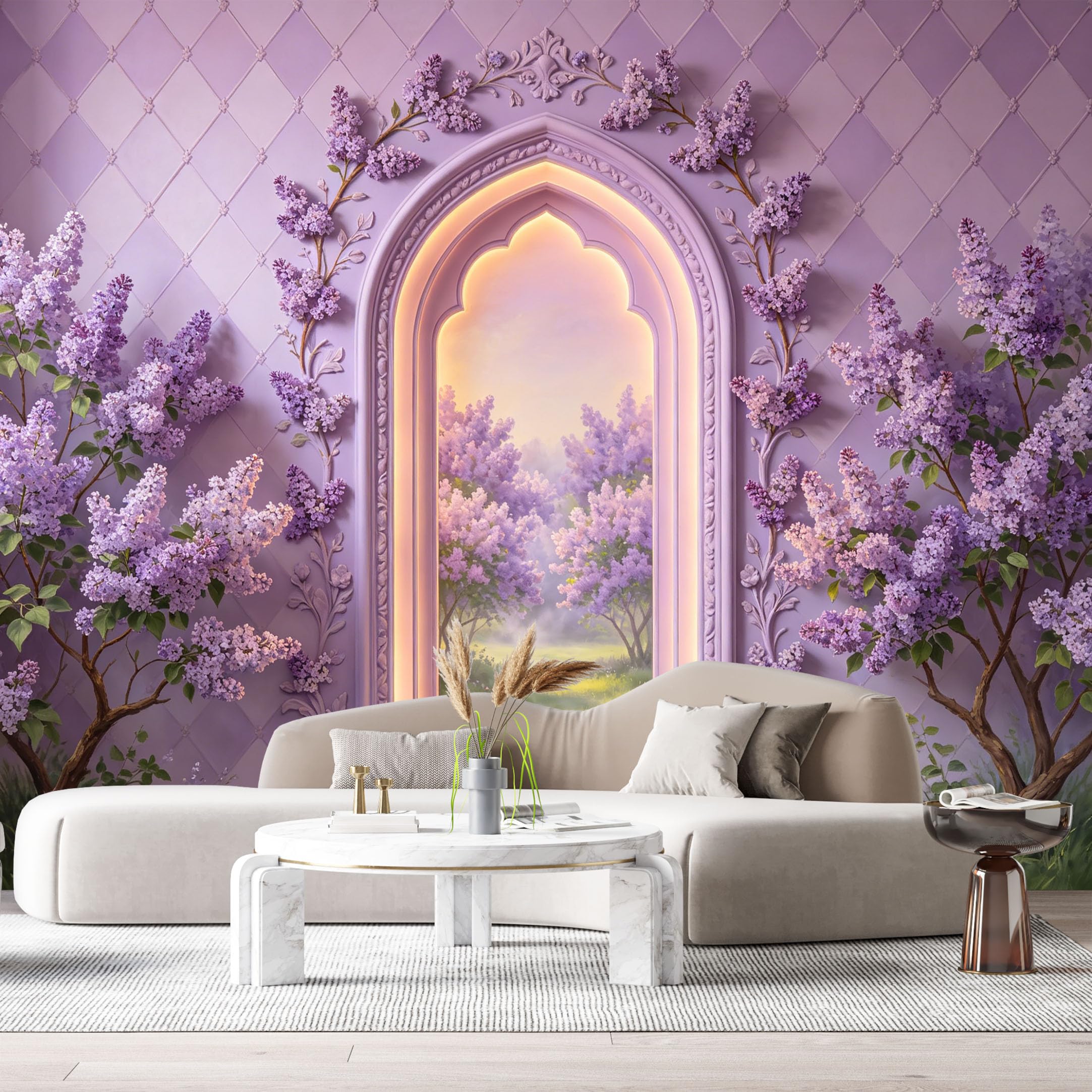 Custom Size Wall Murals Lavender Archway Floral Carvings Lilac Bushes Botanical Landscape Forest 3D Trompe L'Oeil SelfAdhesiveWall Fabric Removable Wallpaper Wall Decor for Living Room