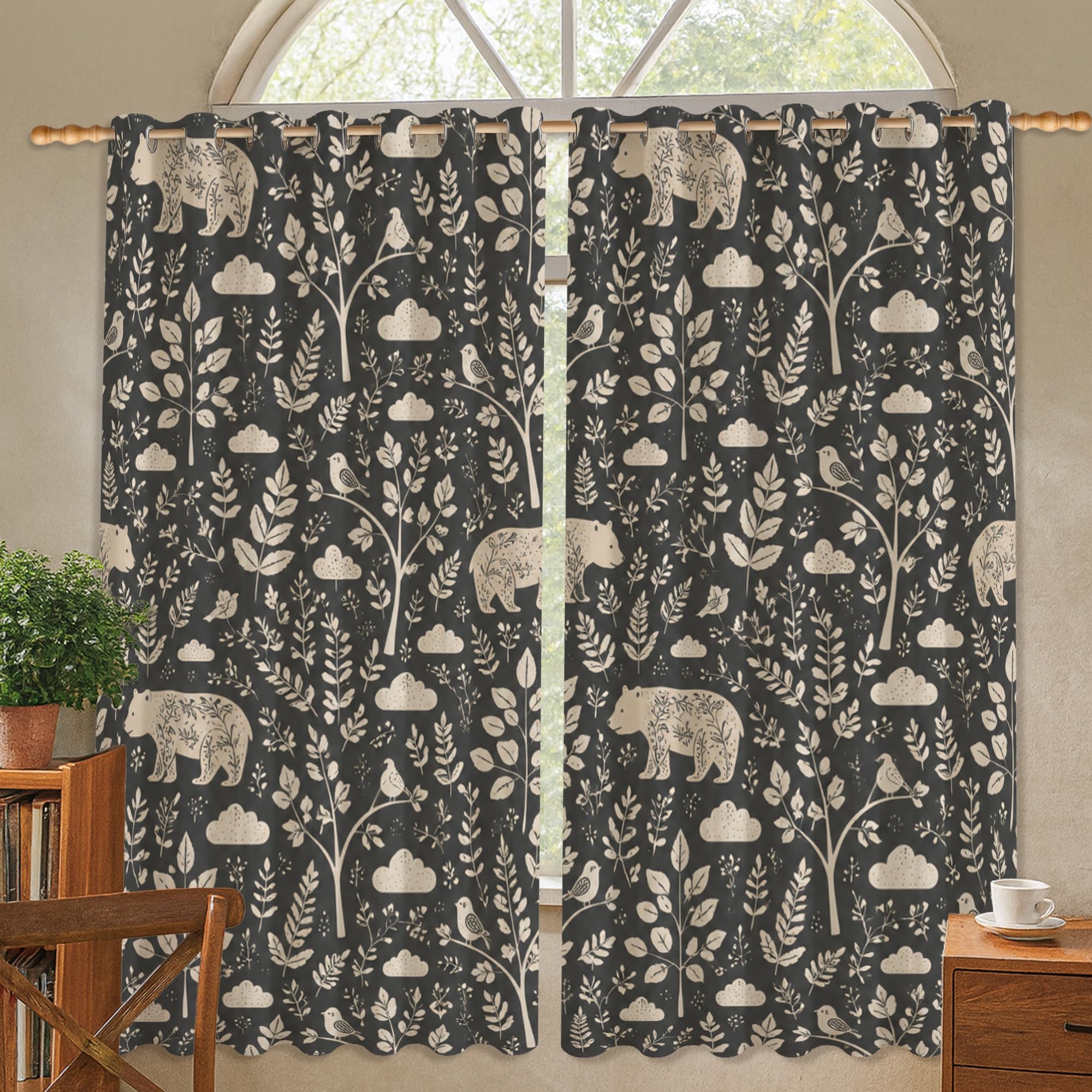 Rideaux occultants imprimé ours feuilles d'automne gris foncé 132x137