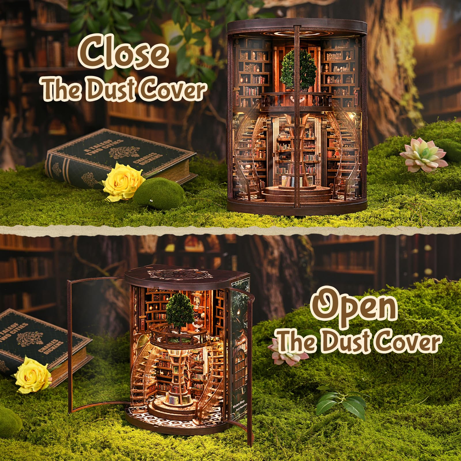 Cuteefun Casa de Muñecas en Miniatura Biblioteca con LED Cálido, Kit Book Nook DIY de Madera para Amantes de Libros, Regalo Cumpleaños Navidad, Decoración del Hogar (Wisdom Rings)