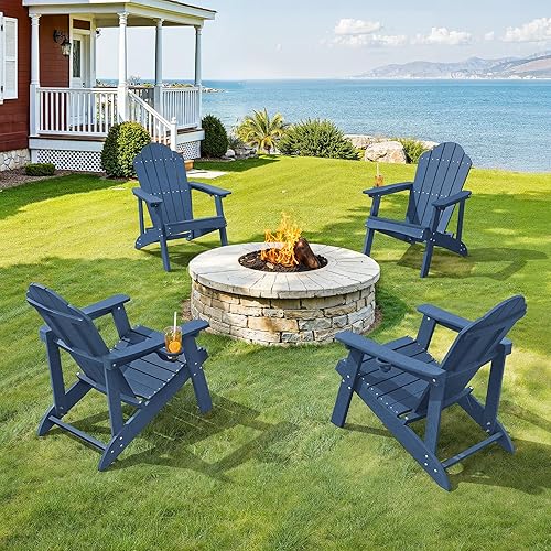 LUE BONA HDPE Adirondack Chairs Set of 2,Plastic Adirondack Chairs with Cup Holder Weather Resistant for Outdoor, Patio, Lawn, Garden, Backyard Deck, Fire Pit, Blue
