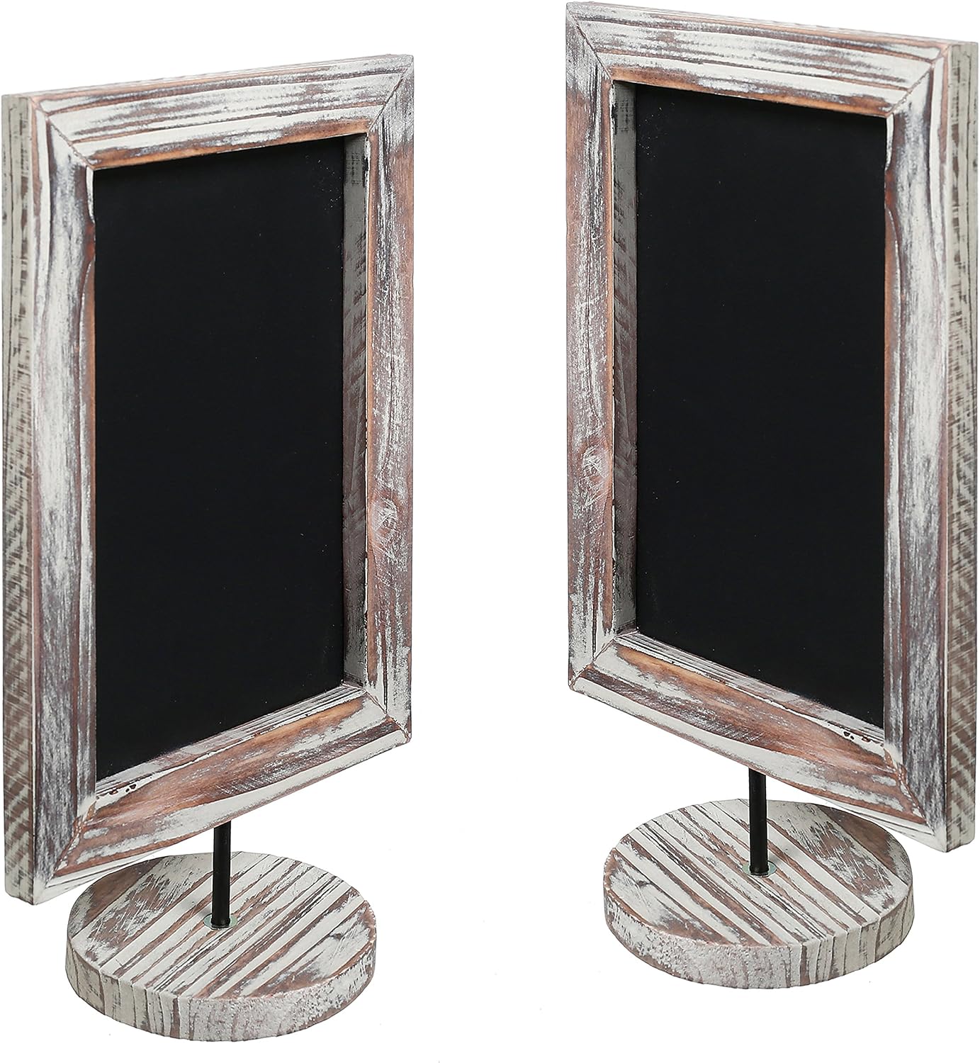 MyGift Set of 2, 12 Inch Chalkboard Sign with Torched Wood Rectangular Frame and Round Base, Rustic Wedding Table Place Card Signage, Small Kitchen Countertop Memo Board