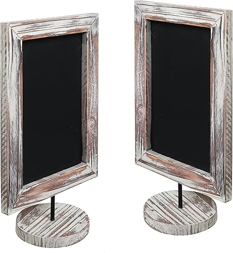 Miniatura 5 de MyGift Juego de 2 letreros de pizarra de 12 pulgadas con marco rectangular de madera soplada y base redonda, letrero rústico para mesa de boda,