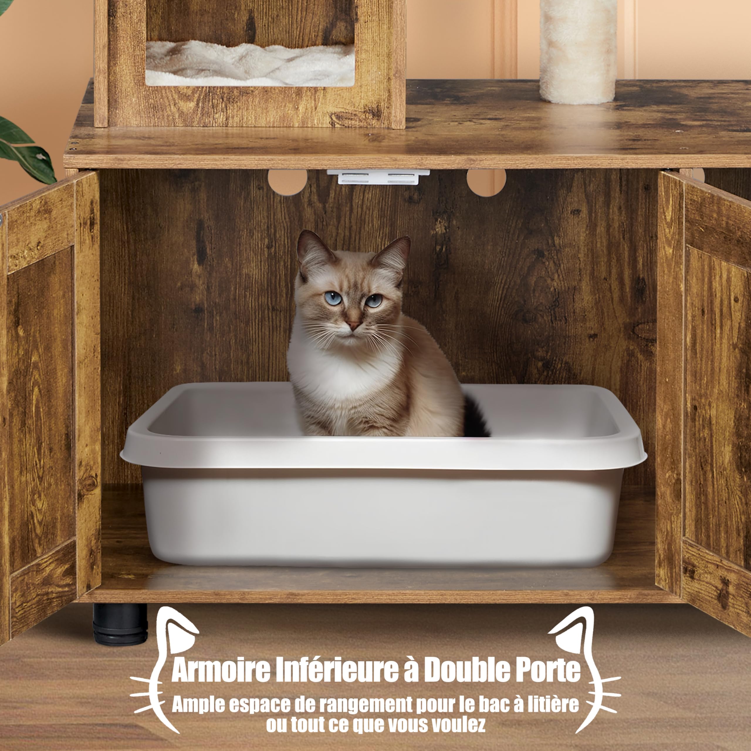 Yaheetech Maison d'intérieur Tout-en-Un avec griffoir, Meuble de litière en Bois pour Chat avec Niche pour Chat, Plate-Forme, Marron Rustique/Beige