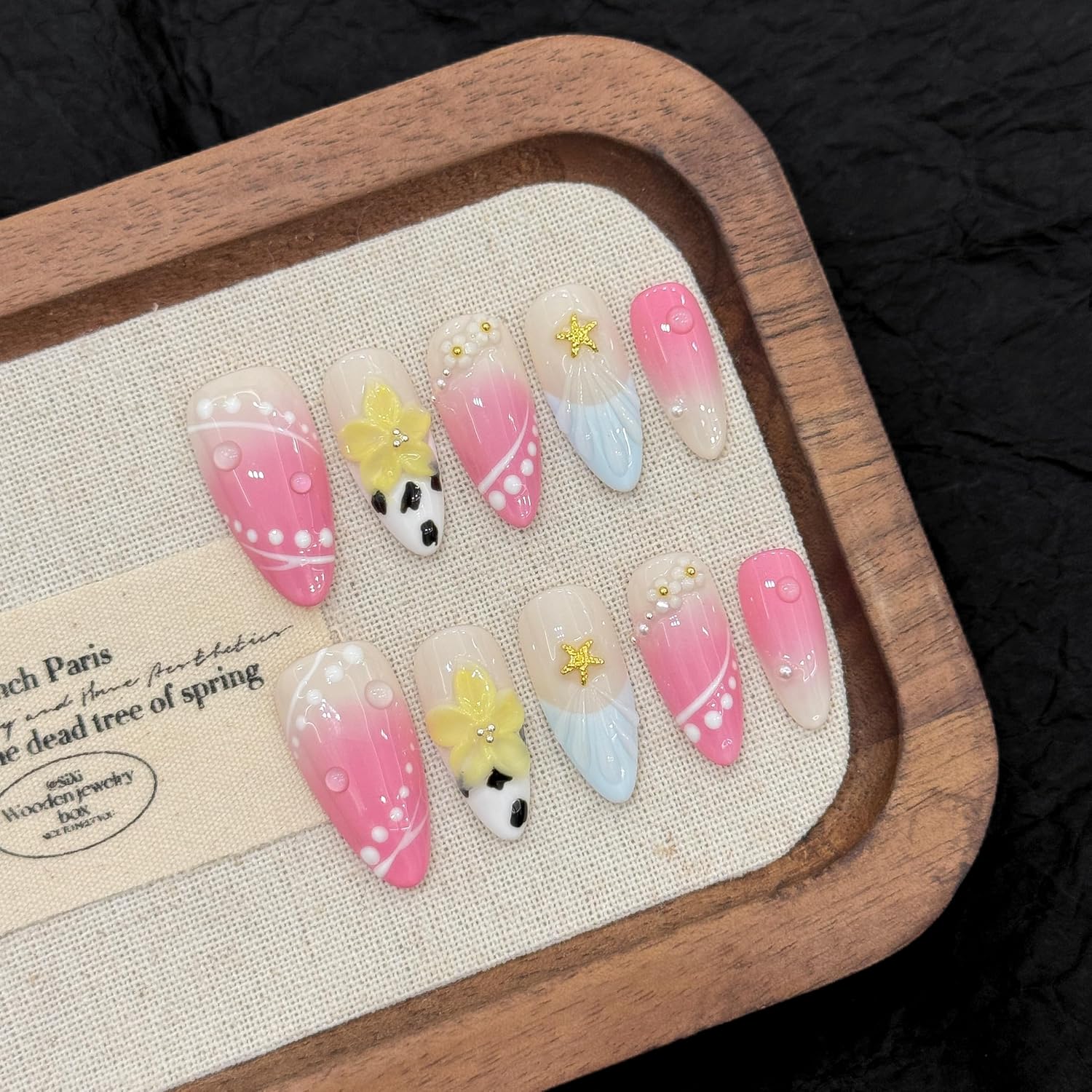 handmade nails press on Salon Quality fish starfish flower orange cherry pearl Reusable almond hand-painted gentle acrylic 3D fake nails designed kit,10 Nails, Size M #2914