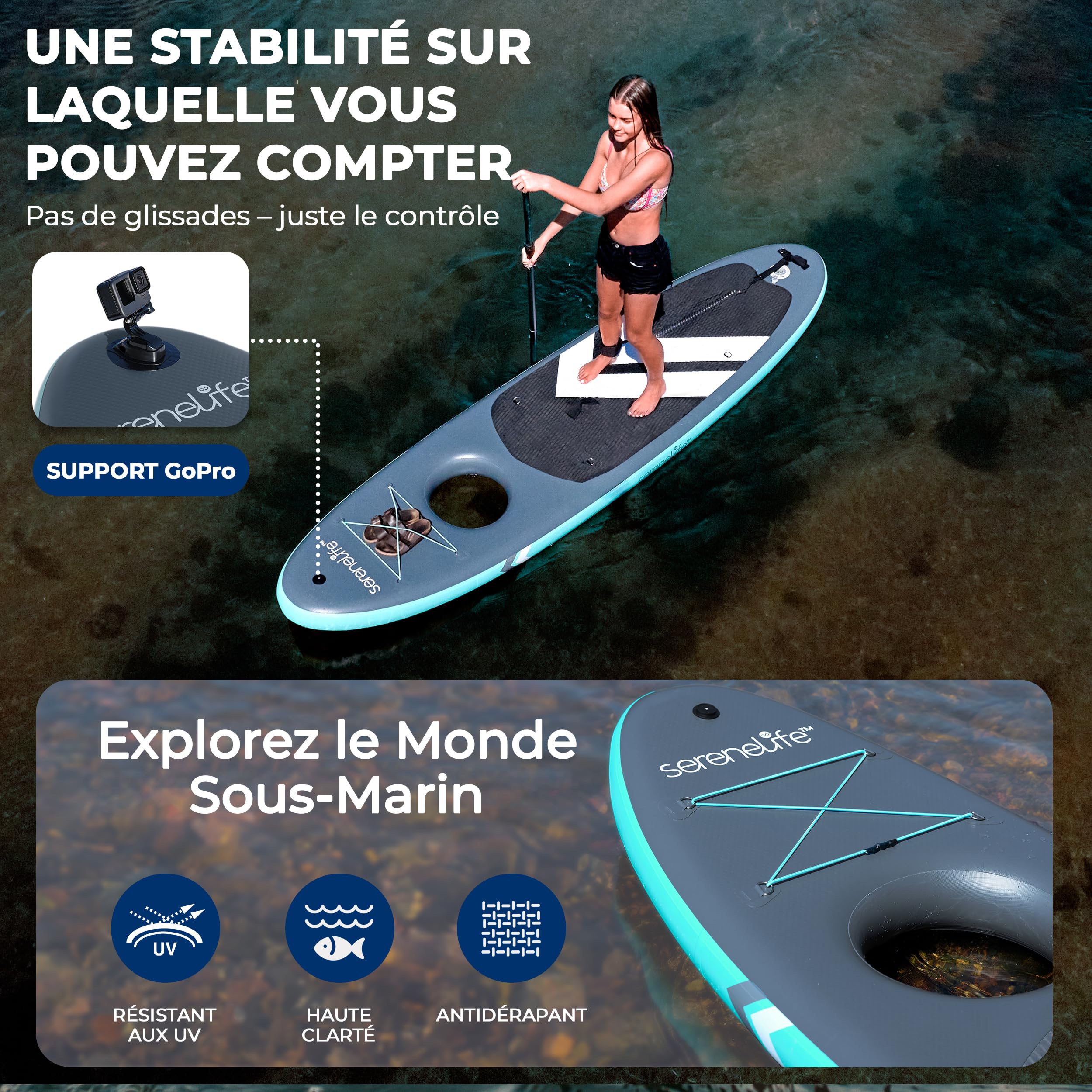 SereneLife Paddle Gonflable Adulte XL – Planche de Stand Up Paddle Stable Grande Largeur avec Tapis EVA Antidérapant, Pompe, Pagaie et Sac de Transport Inclus