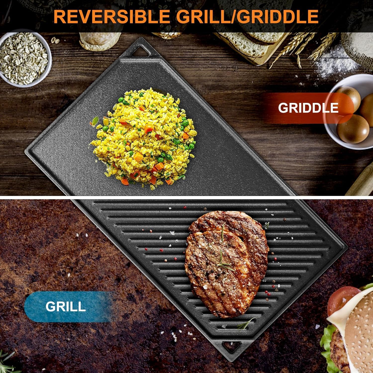 GFTIME Piastre in ghisa, 41,8 x 24 cm, per forno, fornello e grill, griglia per cottura e grill 2 in 1 reversibili GFTIME Piastre in ghisa, 41,8 x 24 cm, per forno, fornello e grill, griglia per cottura e grill 2 in 1 reversibili