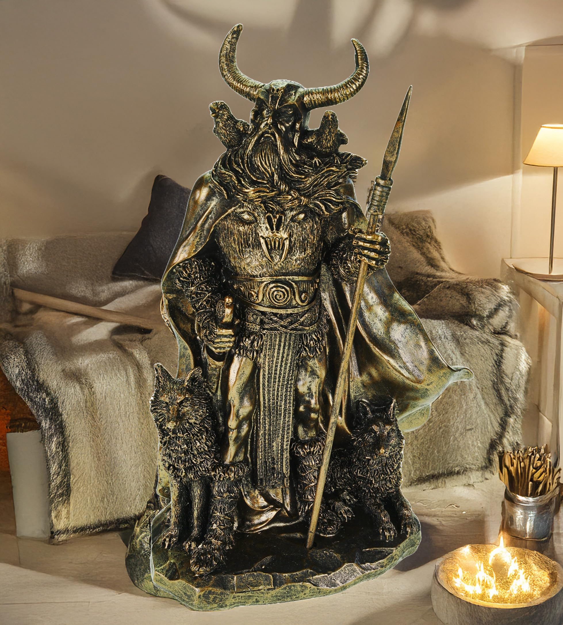 Kremers Schatzkiste Figura de Odin con cuervos Hugin y Munin y lobos Geri y Freki, 36 cm, mitología nórdica, escultura de dioses de polirresina – Regalo vikingo