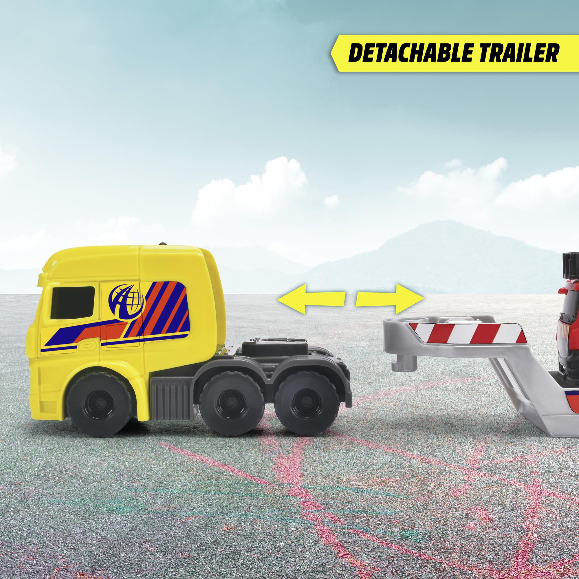Dickie Toys 203715020 SOS Mini Laweta i 2 pojazdy na licencji Mercedes-Benz policja i straż pożarna, długość lawety 32 cm, pojazdów 9 cm, odczepiana przyczepa.