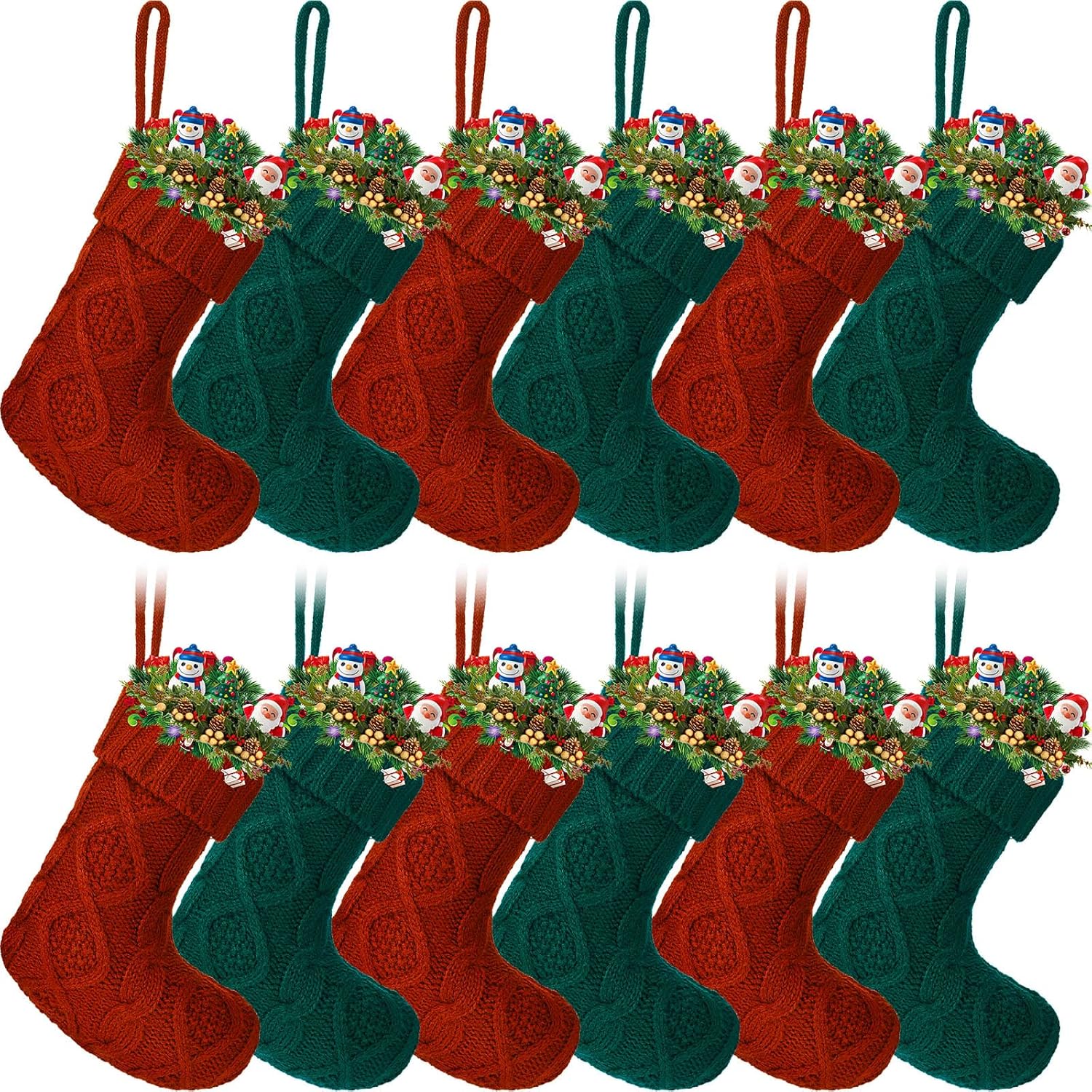 Zubebe Pack of 12 Mini Knit Christmas Stockings 6 Inch Knitted Xmas Family Holiday Hanging Cable Stocking Gifts Decorations for Fireplace Tree Decor(Burgundy and Green)