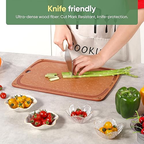 Miniatura 3 de Tabla de cortar de fibra de madera para cocina, tabla de cortar de fibra de madera de alta calidad con ranura para jugo y pies antideslizantes, apta