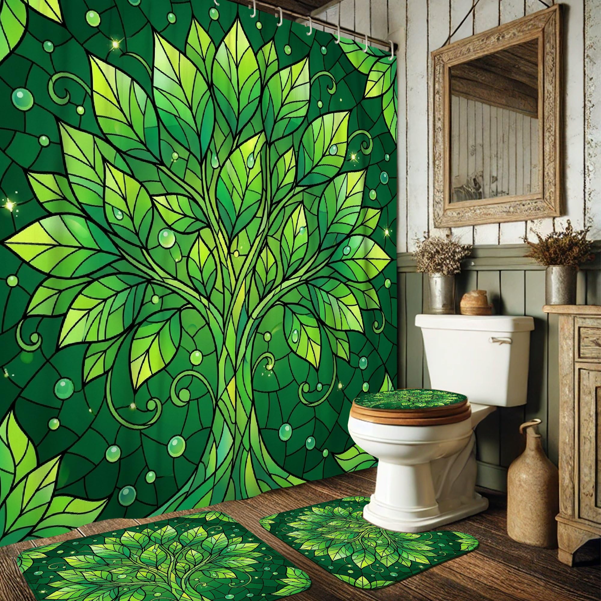 Rideaux de douche lavables en toile à motif artistique de tourbillons et feuilles