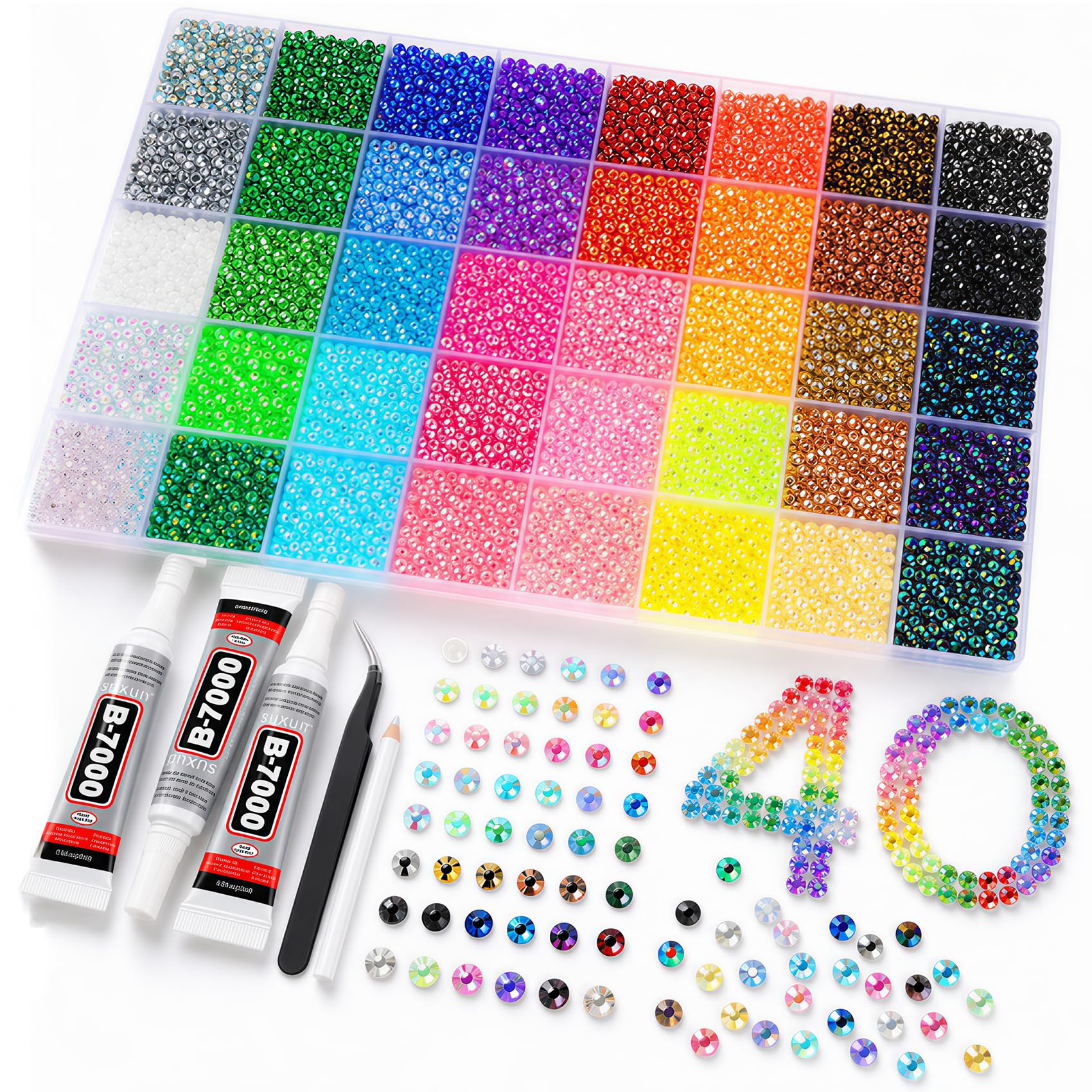 32000 Stück Bedazzler Kit, 40 Farben 3mm Glitzersteine Zum Basteln, Strasssteine mit Kleber und Wachsstift, Glitzersteine Nägel, Bedazzling Kit, Rhinestones für Nägel Textilien Painting Bastelarbeiten