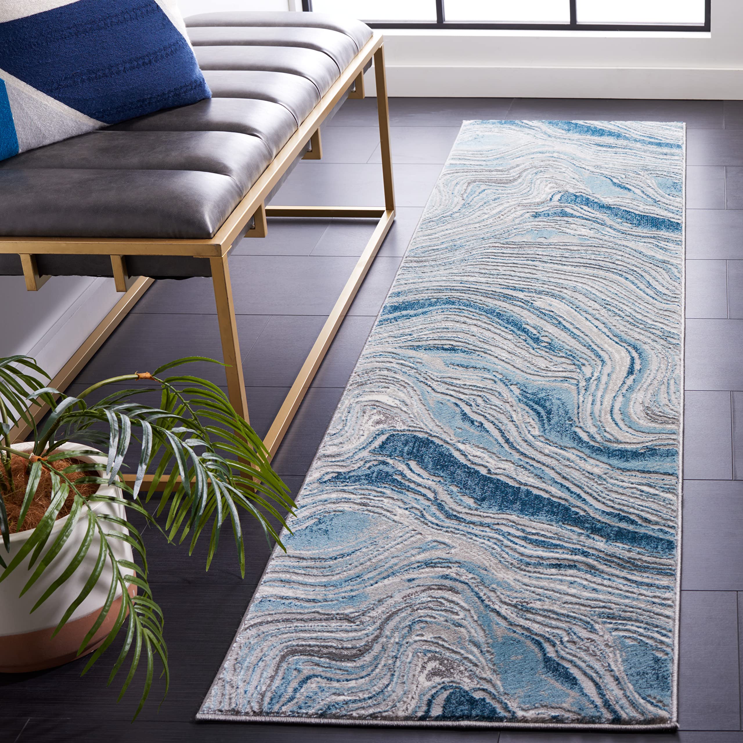 SAFAVIEH Meadow Collection Runner Rug - 2' x 7', Blue & Grey, Modern Abstract Design, Non-Shedding & Easy Care, Ideal for High Traffic Areas in Living