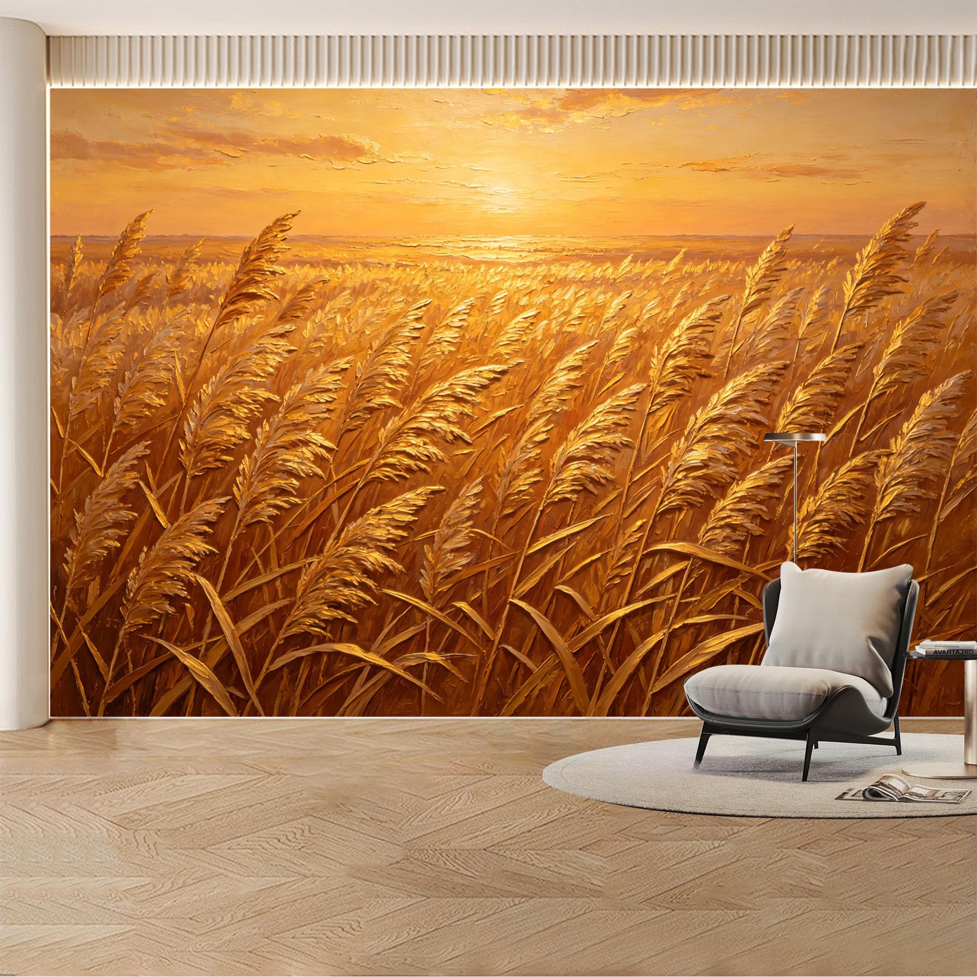 Custom Wall Mural Wallpaper Golden Wheat Field Landscape Nature Large Wall Art Sunset Minimalist Removable SelfAdhesive Large Photo for Living Room， Bedroom， Office