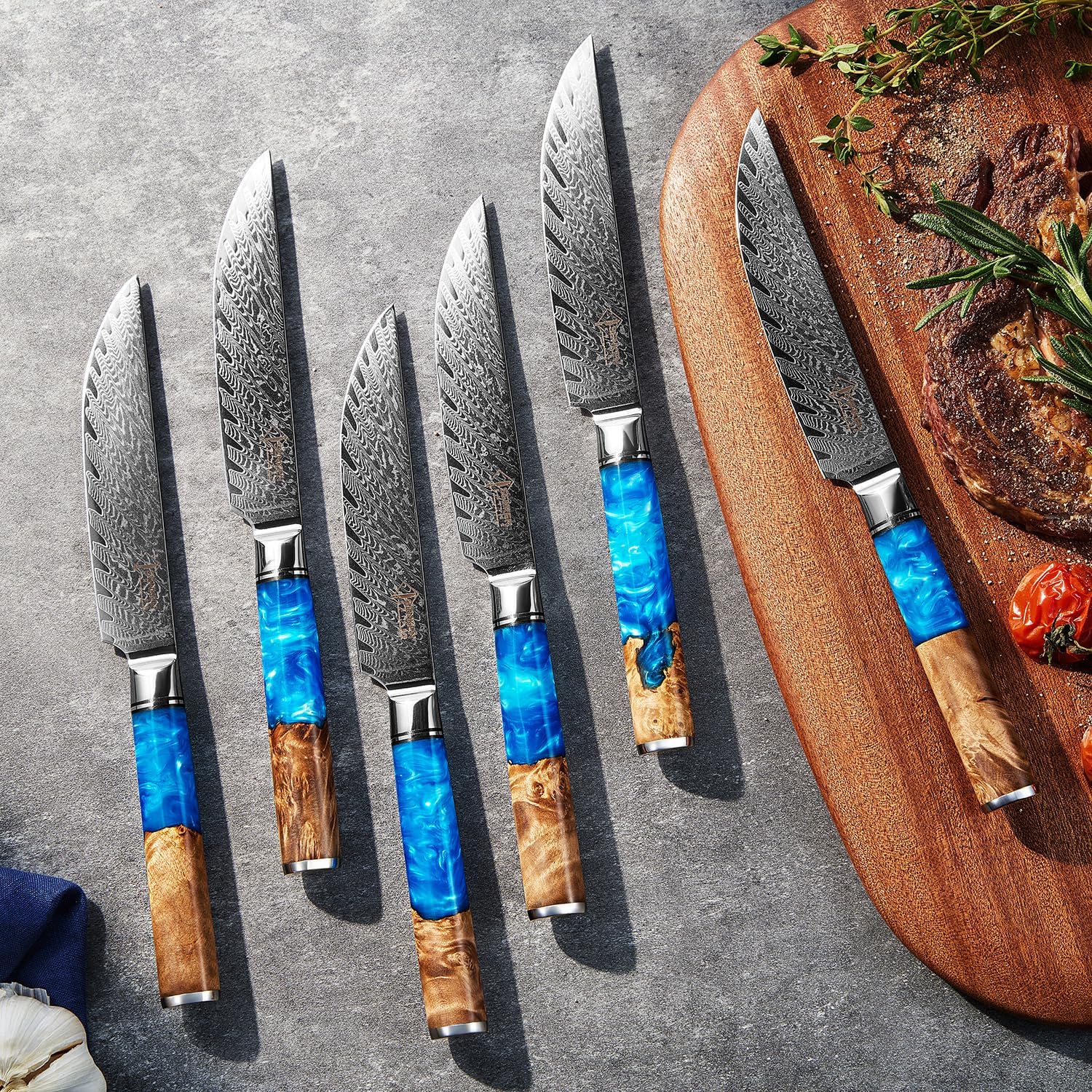 SENKEN Damascus Steak Knife Set - Tsunami Collection - 67-Layer Japanese VG10 Steel - Razor Sharp Non-Serrated Blades, Blue Resin & Natural Wood Pattern Handles, Luxury Gift Box (4 Steak Knife Set) - Image 7