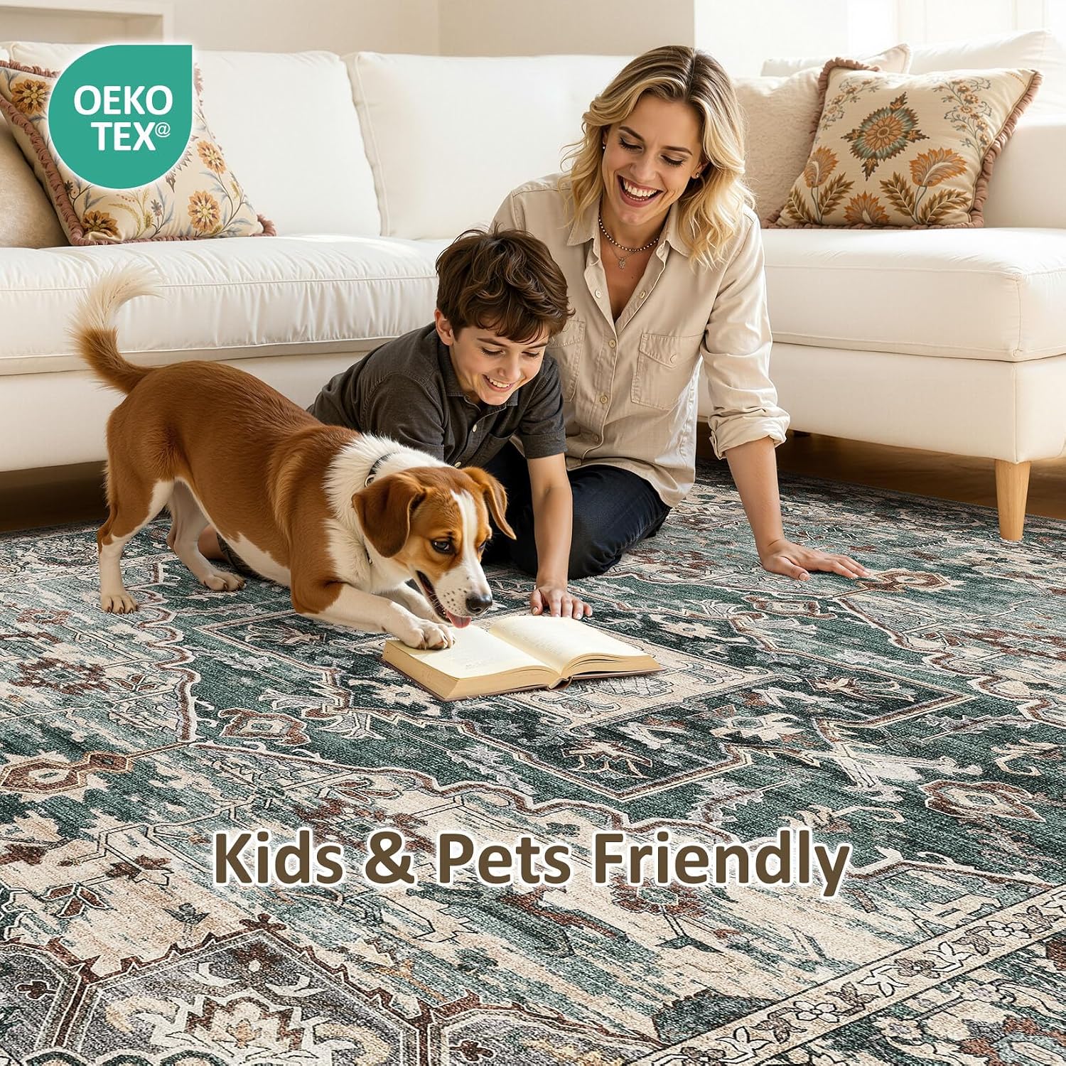3x5 Washable Area Rugs for Living Room: Non Slip Vintage Green Rug, Large Soft Stain Resistant Indoor Floor Carpets for Bedroom Dining Room Nursery Home Office Kid & Pet Friendly