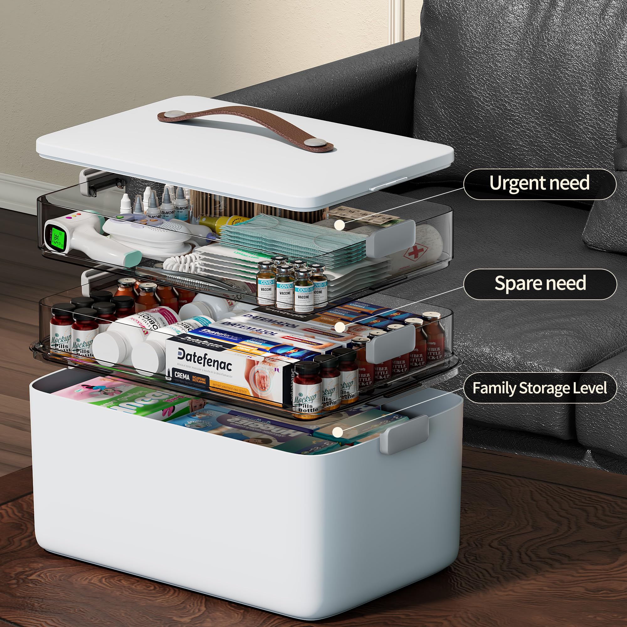 CTIME Caja de medicamentos de 3 niveles: portátil con asa de piel, ideal para el hogar y los viajes