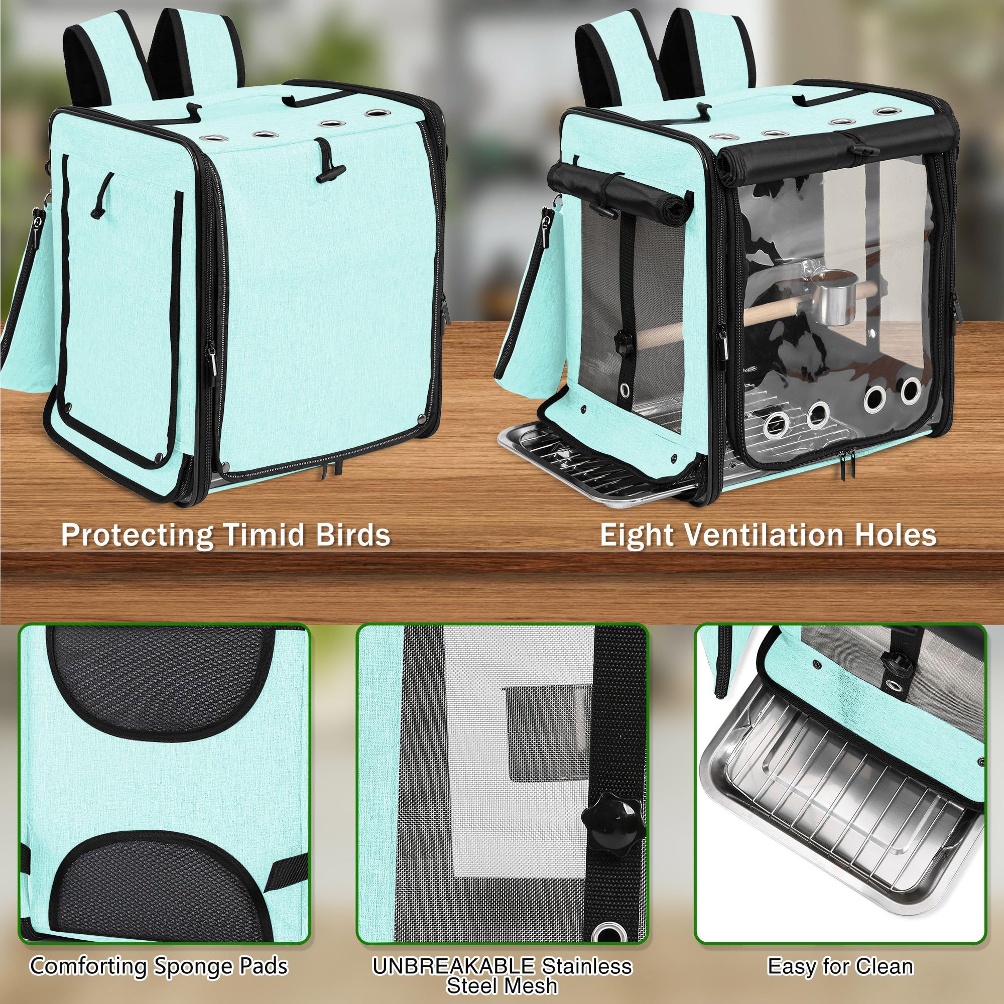 Portapájaros con cinturón de seguridad para viajes en coche, portaaviones con malla de acero inoxidable indestructible, jaula de viaje grande para pájaros, color verde