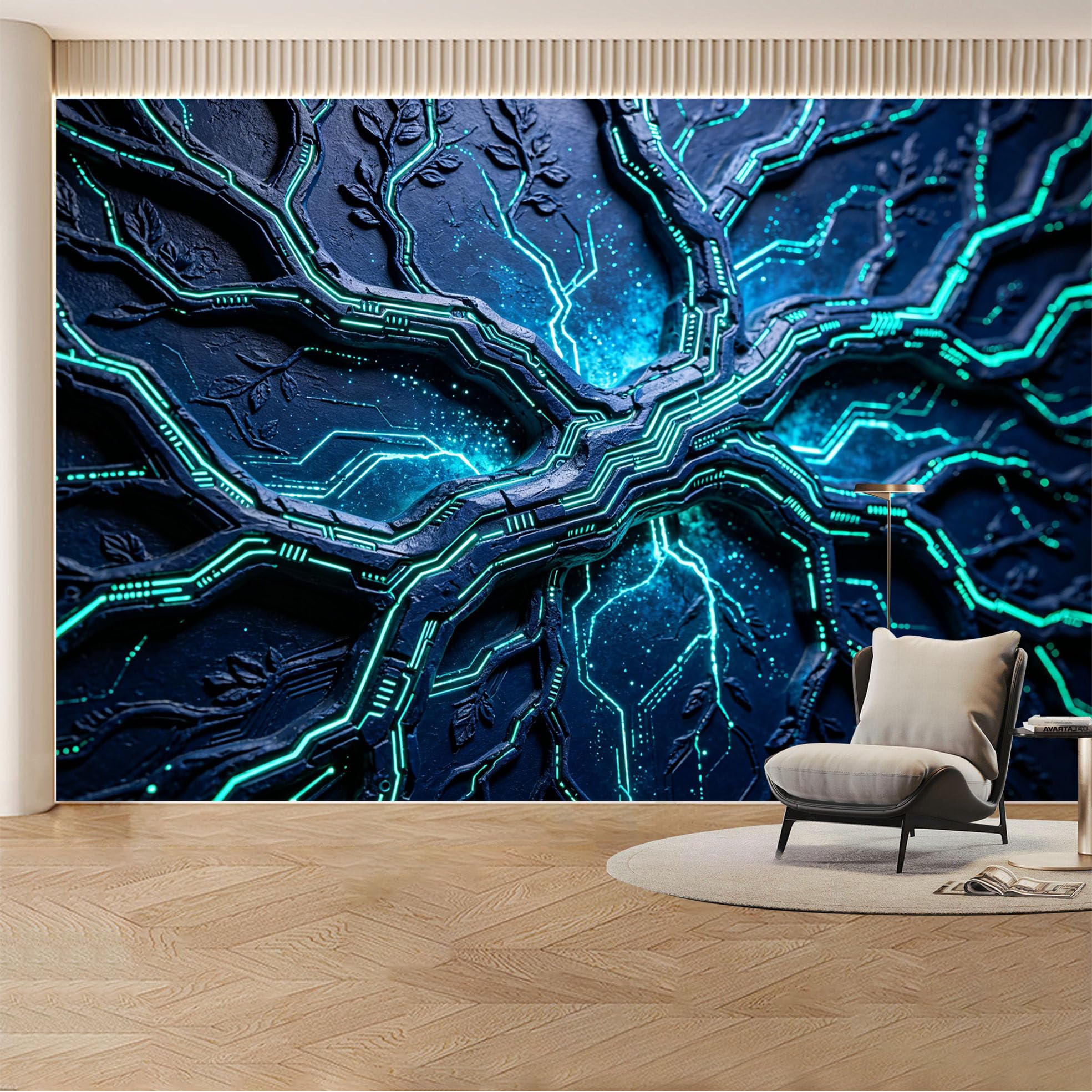 Custom Wall Mural Wallpaper Futuristic Circuit Tree 3D Effect Modern Wall Decor Large Wall Art Cyberpunk Tech Style Removable SelfAdhesive Large Photo for Living Room， Bedroom， Office